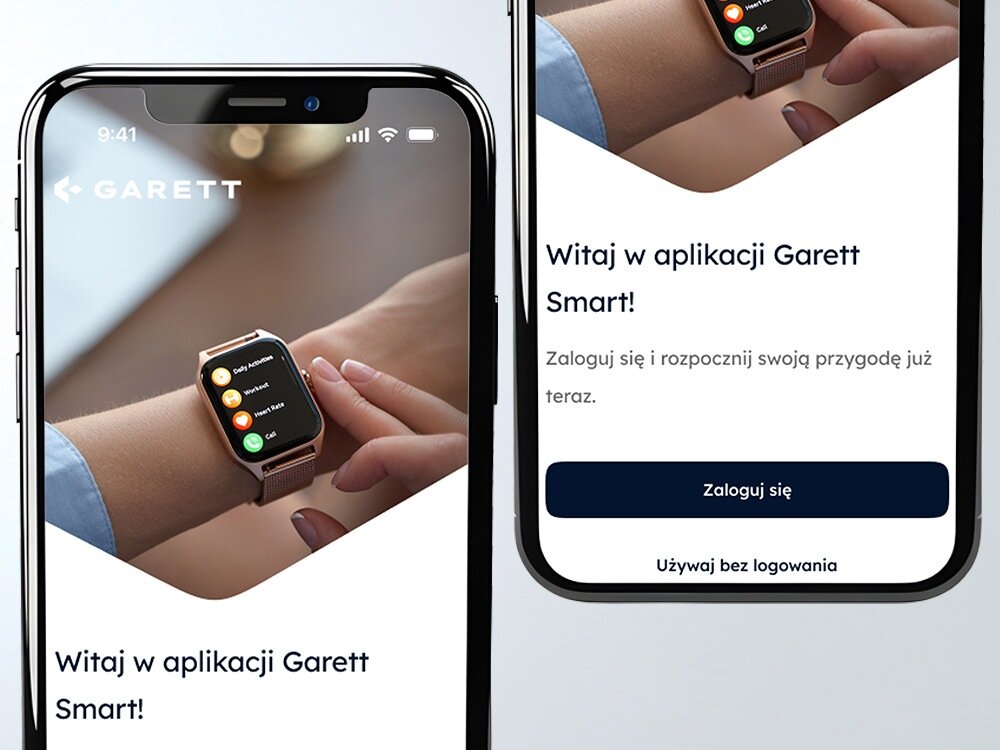 Na obrazie widoczne są dwa smartfony, na których ekranach wyświetlana jest aplikacja Garett Smart. Na jednym z ekranów widnieje tekst: \'Witaj w aplikacji Garett Smart! Zaloguj się i rozpocznij swoją przygodę już teraz.\'