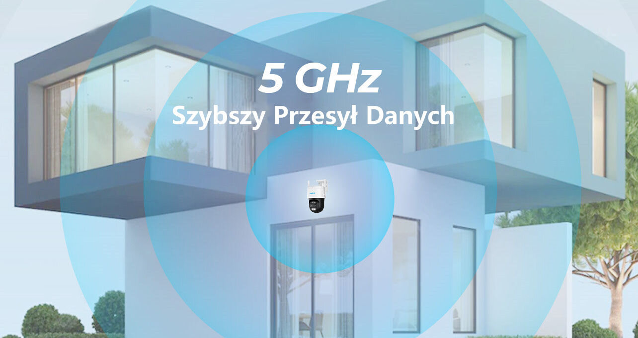 Na obrazie widoczny jest nowoczesny budynek z dużymi oknami, na którym zamontowana jest kamera. Na obrazie znajduje się tekst: \'5 GHz Szybszy Przesył Danych\'.