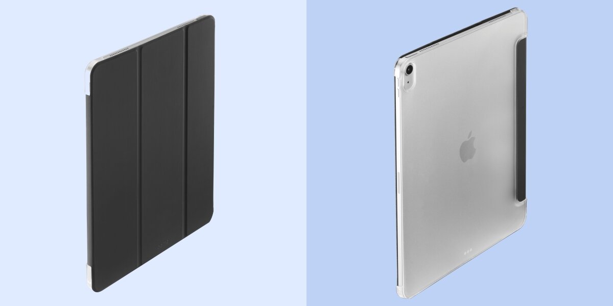 Obraz przedstawia czarne etui na tablet z trzema segmentami na przedniej stronie oraz przezroczystą tylną częścią z widocznym logo producenta. Etui jest umieszczone na jasnoniebieskim tle.