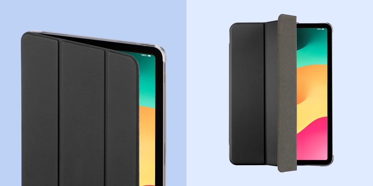 Obraz przedstawia czarne etui na tablet z funkcją składania, widoczne z dwóch perspektyw. Etui jest otwarte, ukazując ekran tabletu z kolorowym tłem.