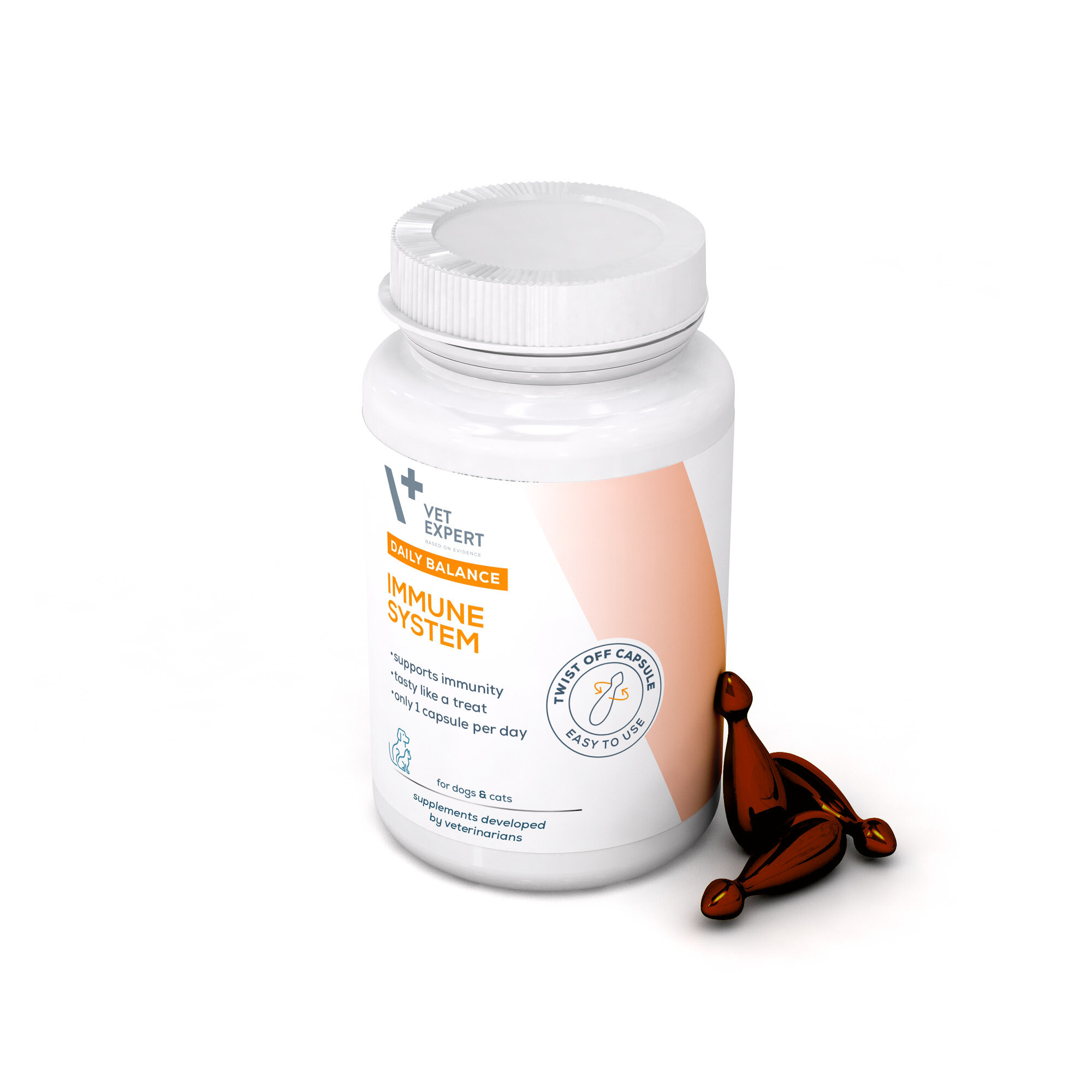 Biała butelka z etykietą \'Vet Expert Daily Balance Immune System\' oraz kapsułki Twist Off obok. Na etykiecie widnieje tekst: \'supports immunity, tasty like a treat, only 1 capsule per day, for dogs & cats, supplements developed by veterinarians\'.