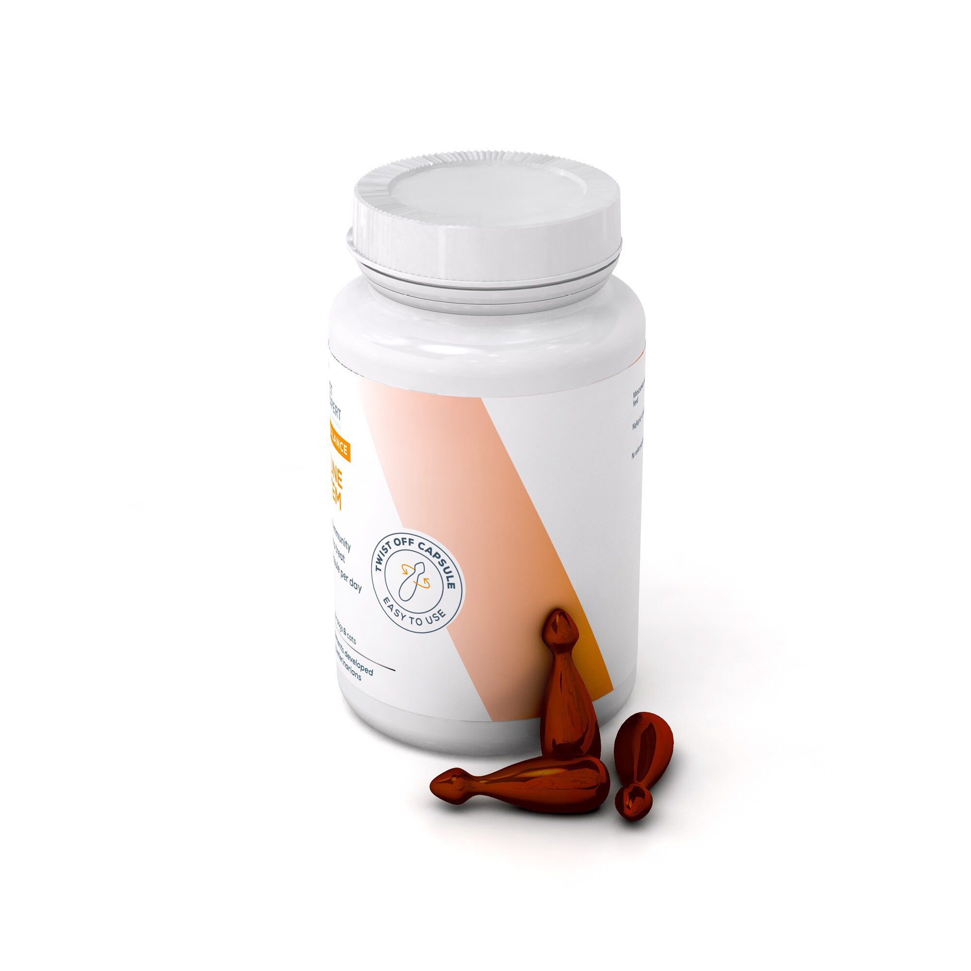 Białe opakowanie z etykietą w odcieniach pomarańczowego, na której widnieje napis \'Twist Off Capsule Easy to Use\'. Obok opakowania znajdują się trzy brązowe kapsułki w kształcie ampułek.