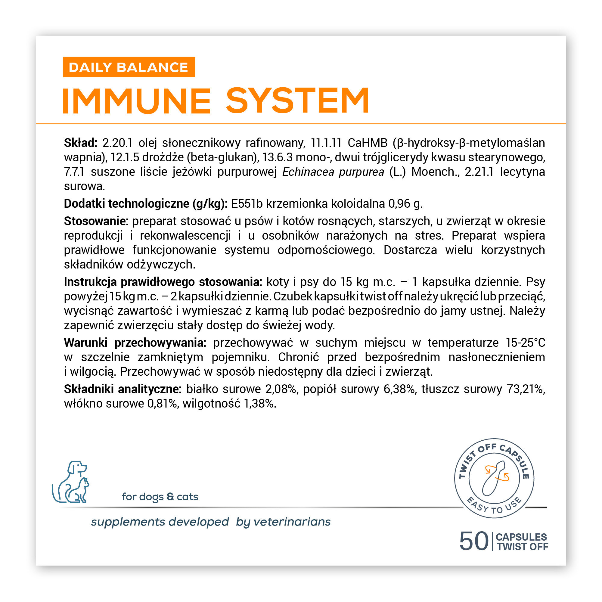 Opakowanie produktu \'Immune System\' z napisem \'DAILY BALANCE\' i szczegółowym składem oraz instrukcją stosowania dla psów i kotów. Na dole widnieje informacja \'for dogs & cats\' oraz \'supplements developed by veterinarians\', a także symbol 50 kapsułek Twist Off.