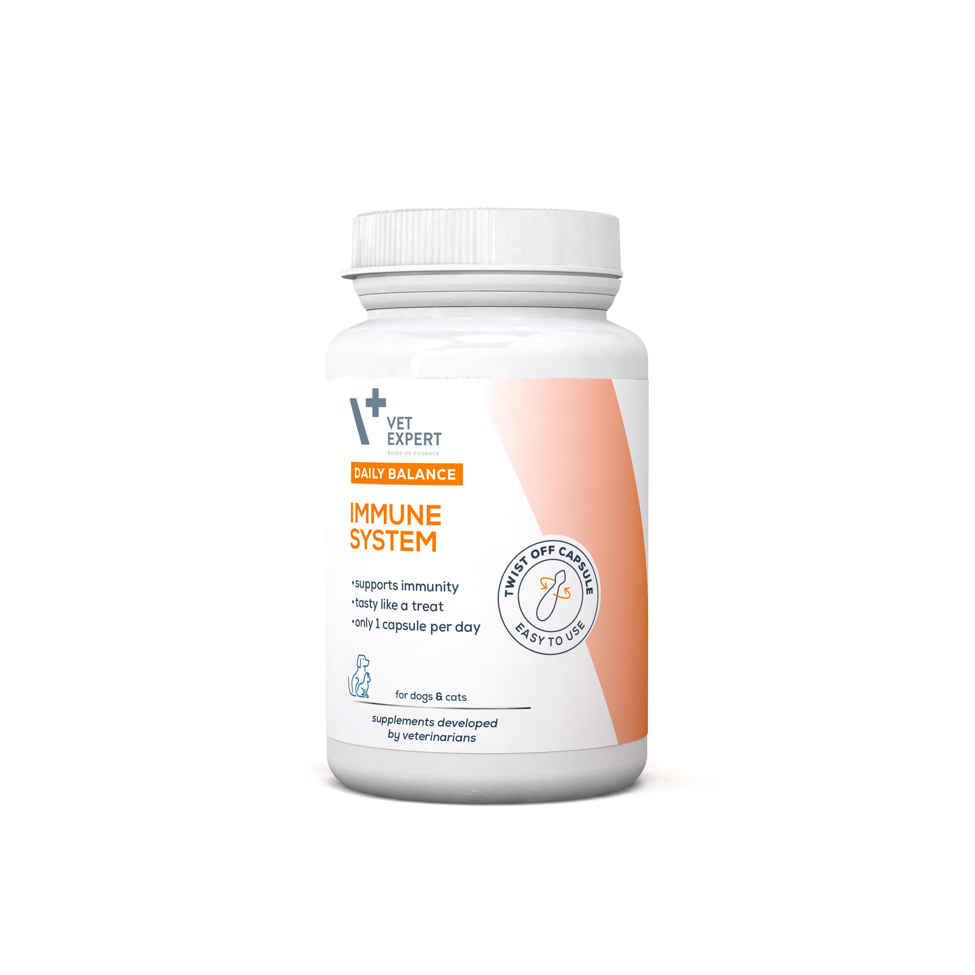Biała butelka z etykietą \'Vet Expert Daily Balance Immune System\' zawierająca informacje o wsparciu odporności dla psów i kotów. Na etykiecie widnieje również napis \'Twist Off Capsule Easy to Use\'.