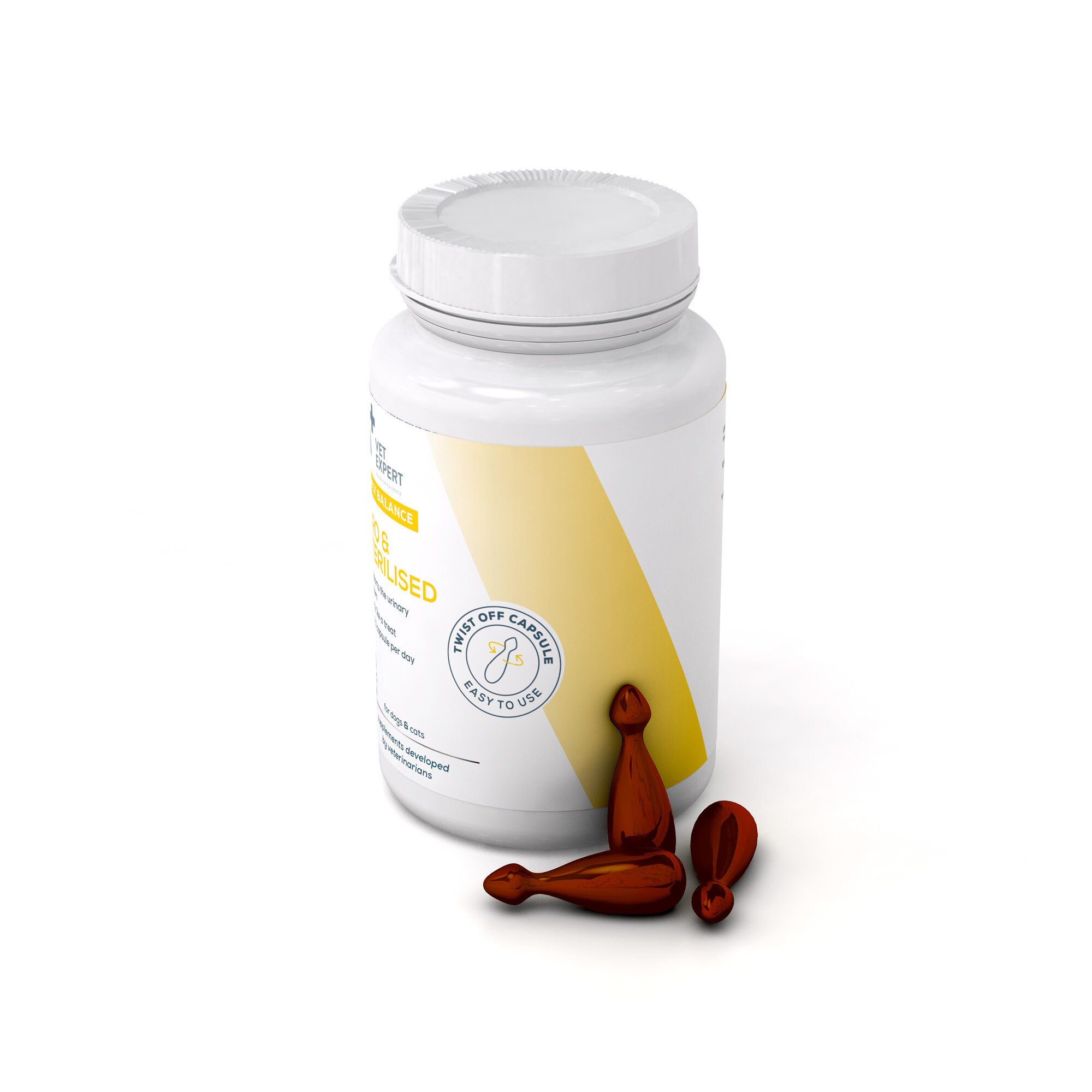 Biała butelka z żółtym paskiem i napisem \'Vet Expert Uro&Sterilised\', obok której leżą trzy brązowe kapsułki. Na etykiecie widnieje logo \'Vet Expert\' oraz napis \'Twist Off Capsule Easy to Use\'.