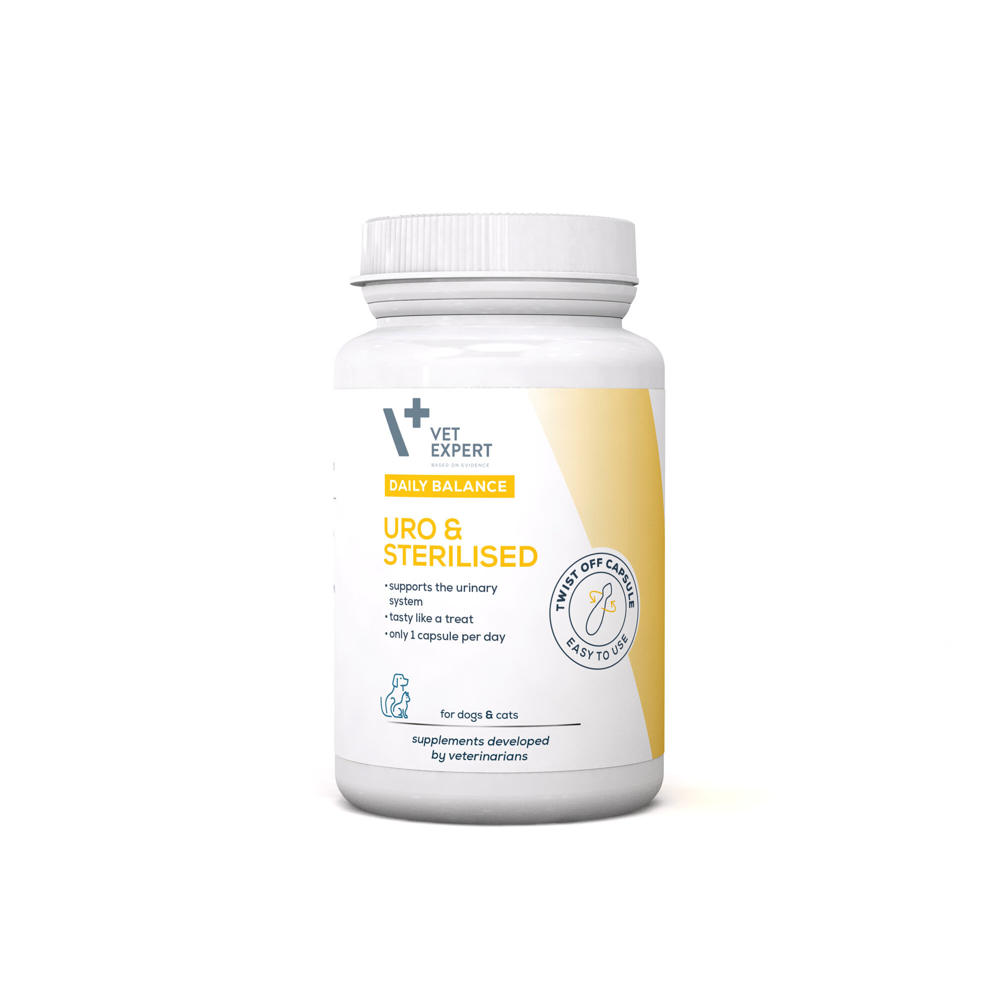 Biała butelka z żółtą etykietą zawierającą tekst: \'VET EXPERT DAILY BALANCE URO & STERILISED supports the urinary system tasty like a treat only 1 capsule per day for dogs & cats supplements developed by veterinarians\'.