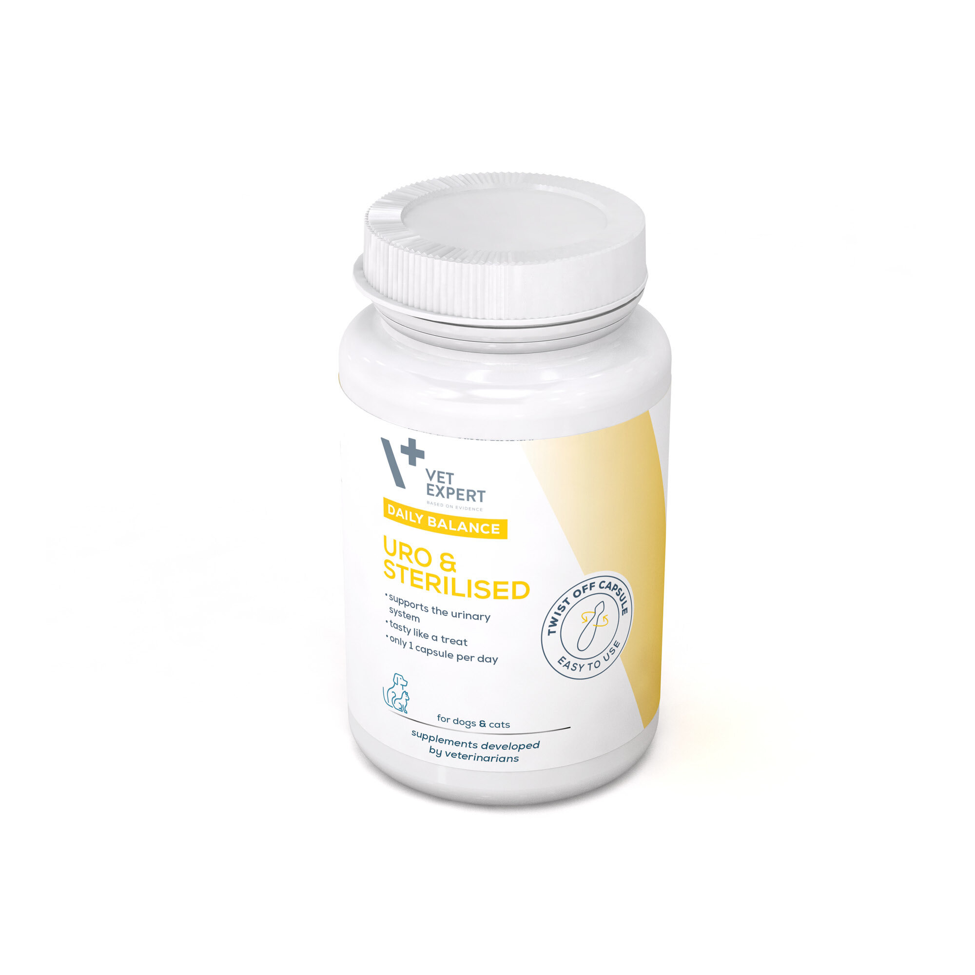 Biała butelka z żółtą etykietą zawierająca napisy: \'Vet Expert\', \'Daily Balance\', \'Uro & Sterilised\', \'for dogs & cats\', \'supplements developed by veterinarians\'.