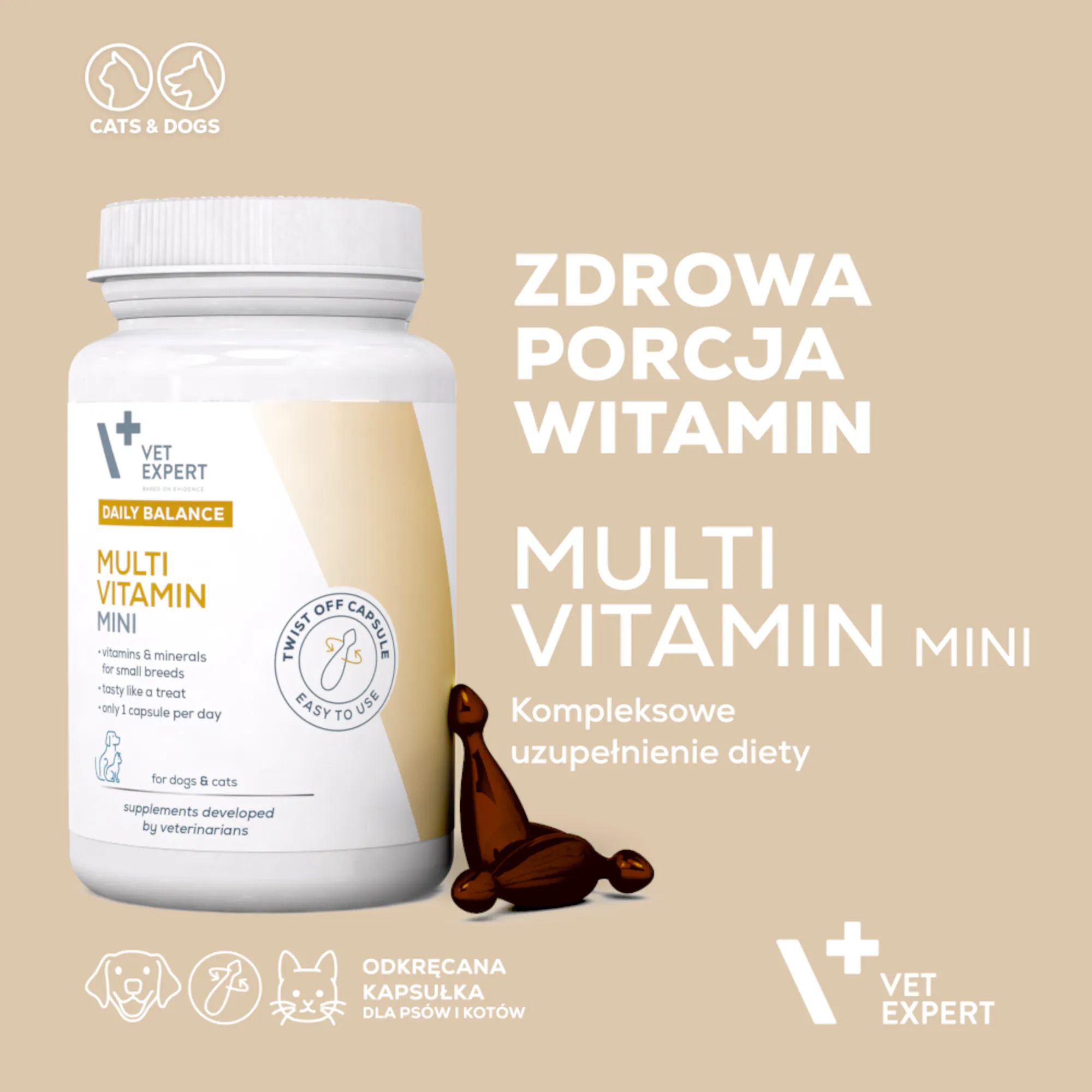 Obraz przedstawia opakowanie suplementu Vet Expert Multi Vitamin Mini dla psów i kotów, z napisem \'ZDROWA PORCJA WITAMIN MULTI VITAMIN MINI Kompleksowe uzupełnienie diety\'. Na opakowaniu widnieje logo Vet Expert oraz informacje o łatwości użycia kapsułek.