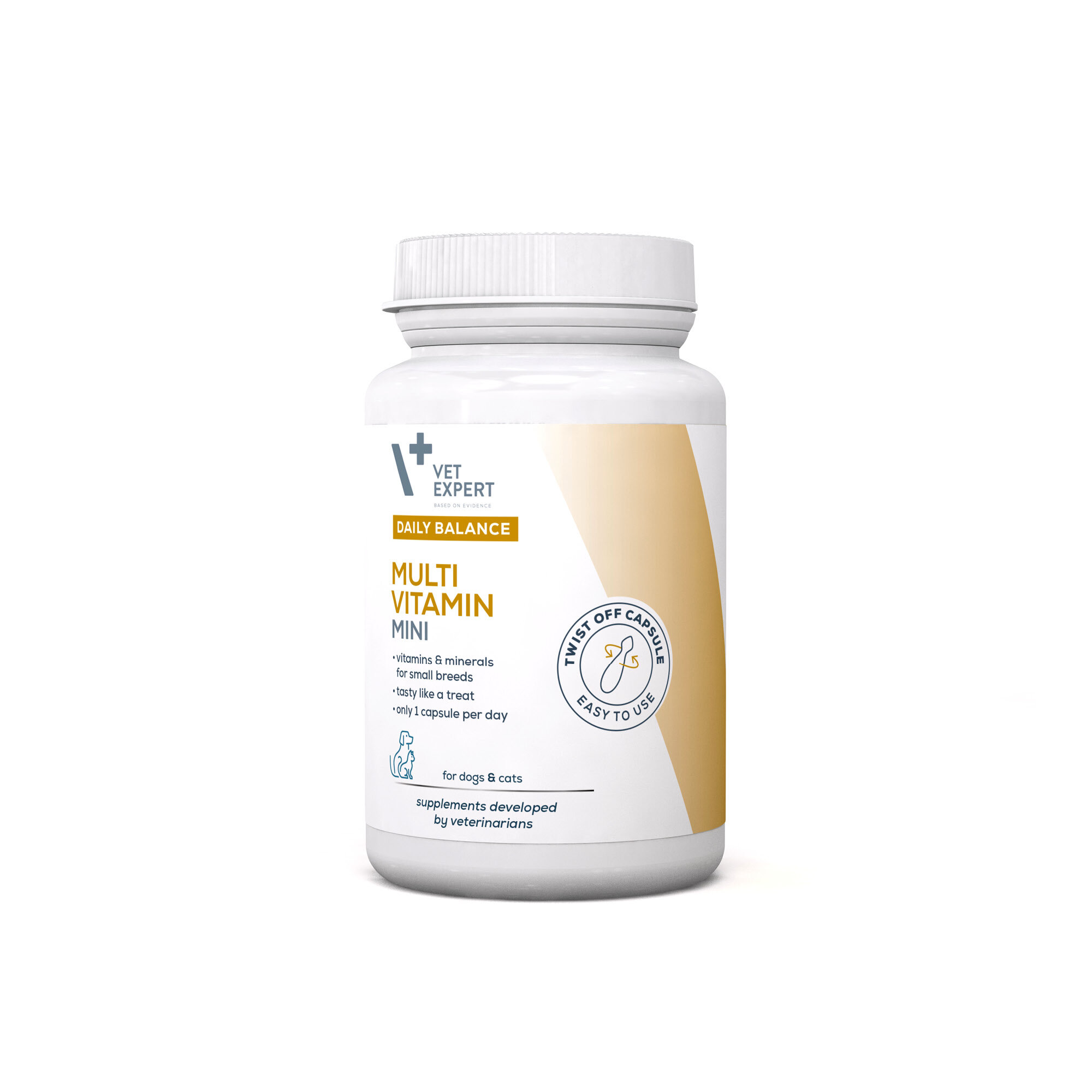Biała butelka z etykietą zawierającą tekst: \'VET EXPERT DAILY BALANCE MULTI VITAMIN MINI\'. Na etykiecie widnieje również informacja o kapsułkach dla psów i kotów oraz ikona z napisem \'TWIST OFF CAPSULE EASY TO USE\'.