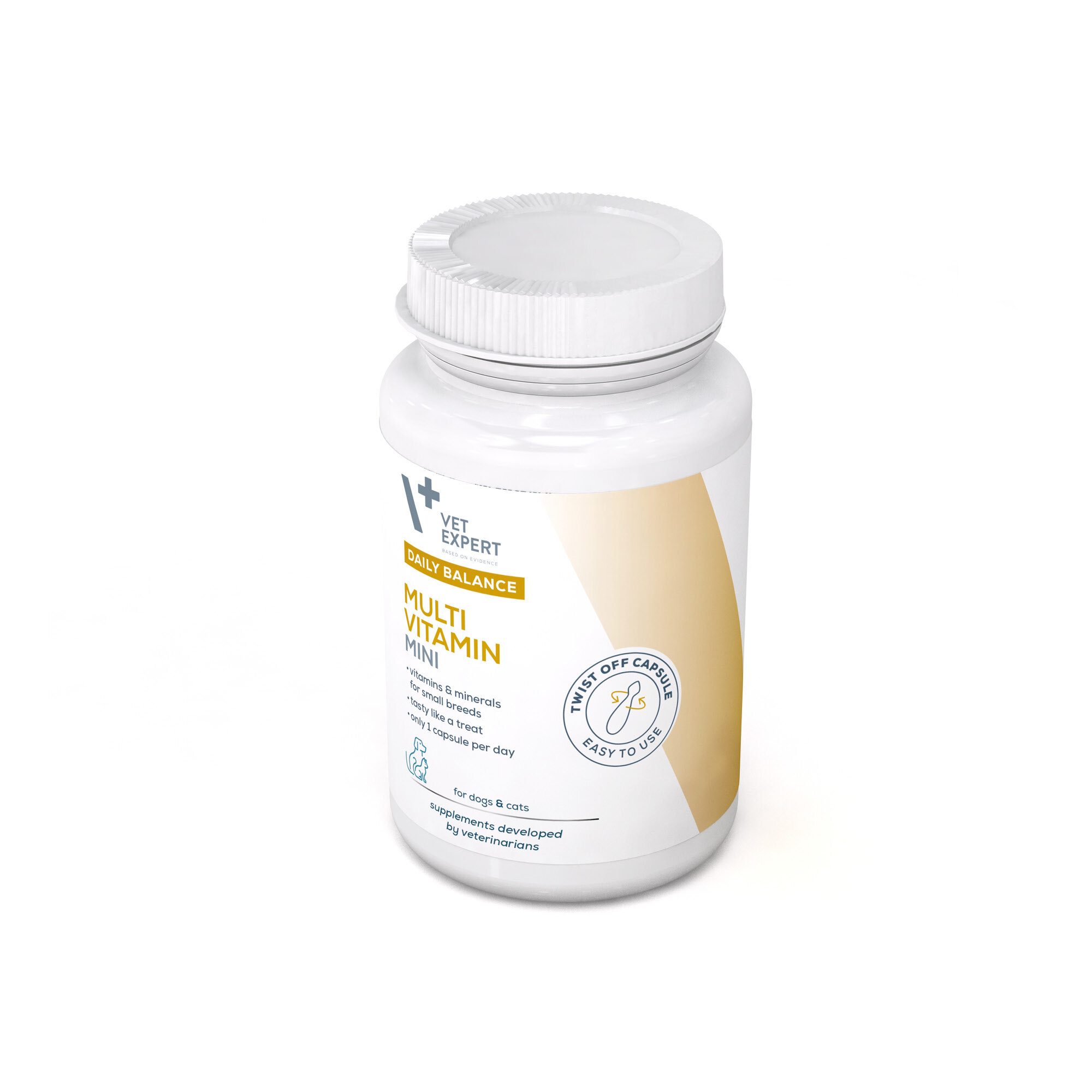 Biała butelka z etykietą zawierającą tekst: \'Vet Expert Daily Balance Multi Vitamin Mini\'. Na etykiecie widnieje również symbol kapsułki z napisem \'Twist off capsule easy to use\'.