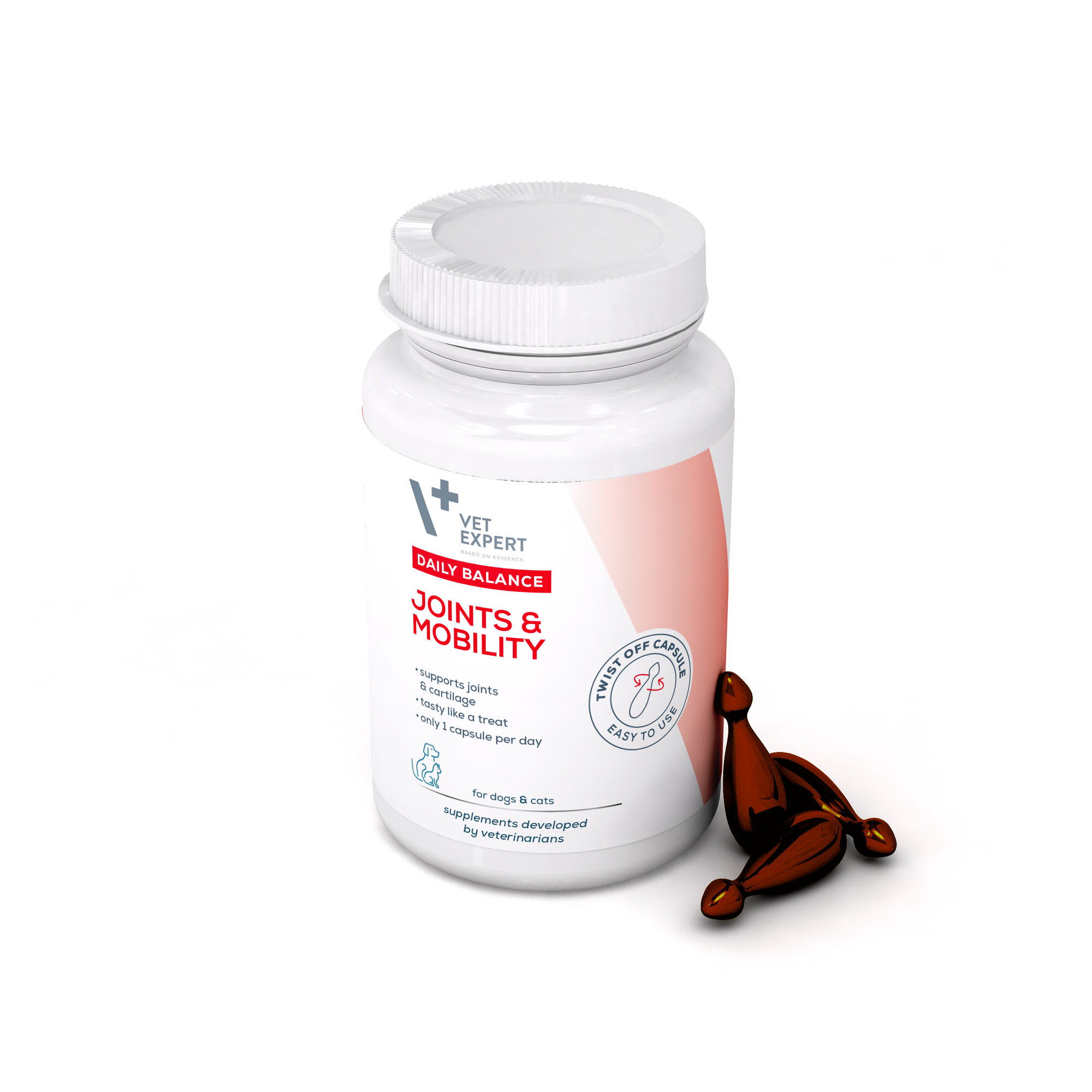 Biała butelka z etykietą \'Vet Expert Daily Balance Joints & Mobility\' oraz dwie kapsułki Twist Off leżące obok. Etykieta zawiera informacje o wsparciu stawów i chrząstek dla psów i kotów.