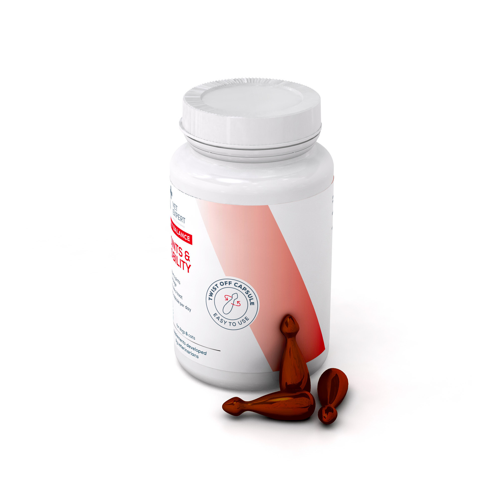 Białe opakowanie z napisem \'Vet Expert Joints & Mobility\' oraz kapsułki Twist Off w kolorze brązowym. Na etykiecie widnieje logo z napisem \'Twist Off Capsule Easy to Use\'.