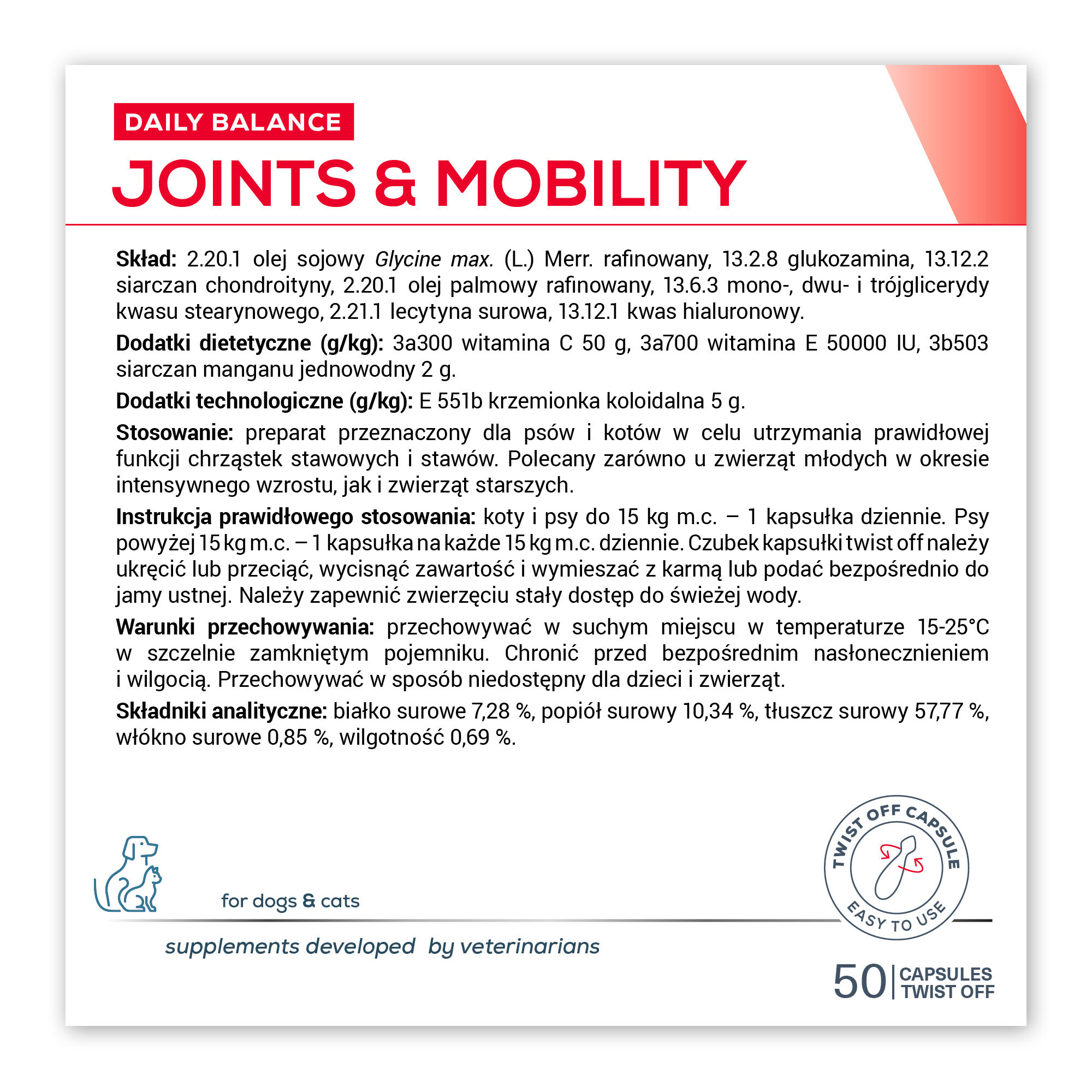 Etykieta produktu \'Joints & Mobility\' z informacjami o składzie, dodatkach dietetycznych i technologicznych, stosowaniu, instrukcji prawidłowego stosowania, warunkach przechowywania oraz składnikach analitycznych. Na dole widnieje napis \'for dogs & cats\' oraz \'supplements developed by veterinarians\'.