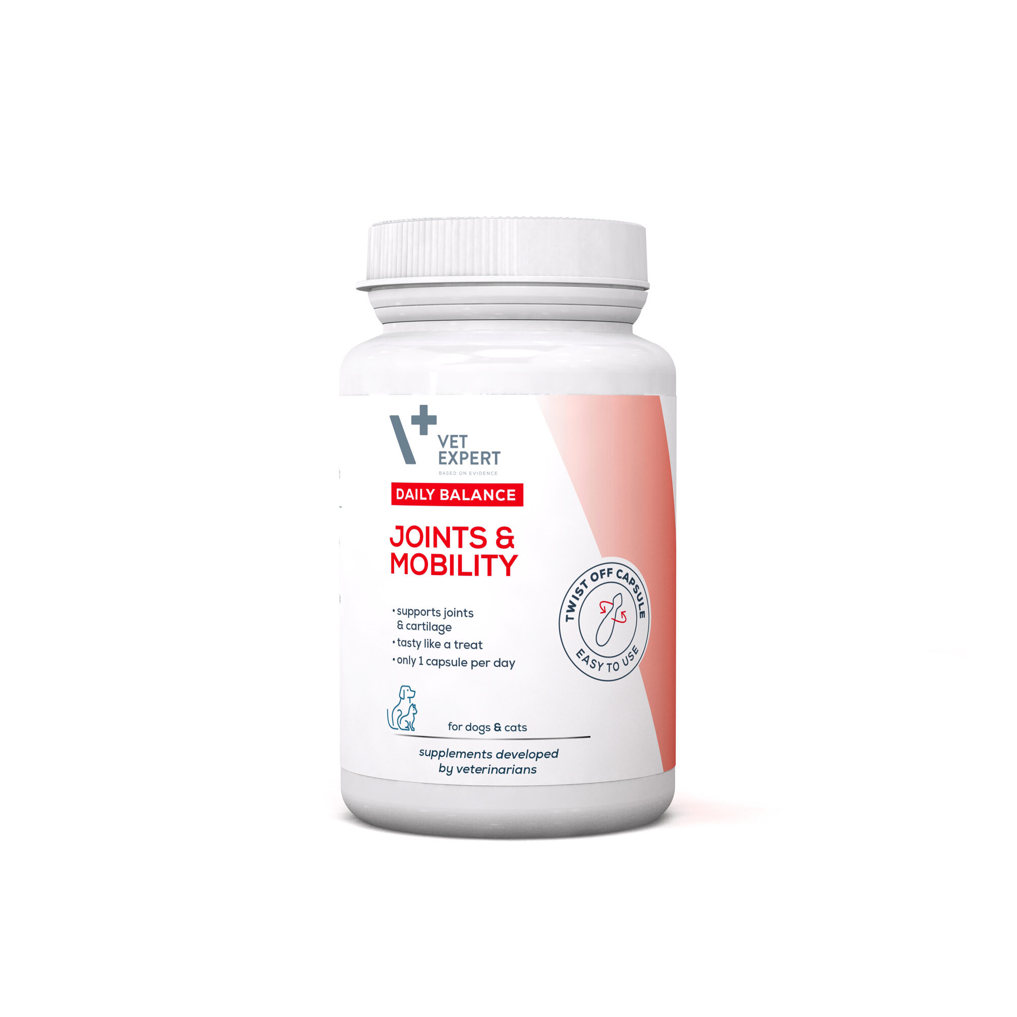 Biała butelka z etykietą zawierającą tekst: \'Vet Expert\', \'Daily Balance\', \'Joints & Mobility\', \'supports joints & cartilage\', \'tasty like a treat\', \'only 1 capsule per day\', \'for dogs & cats\', \'supplements developed by veterinarians\'.