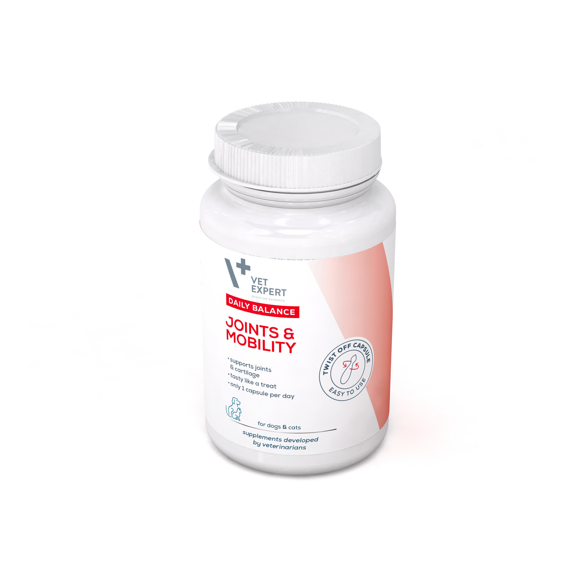 Biała butelka z etykietą \'Vet Expert Daily Balance Joints & Mobility\'. Na etykiecie widnieje informacja o wsparciu stawów i chrząstek oraz zalecenie jednej kapsułki dziennie dla psów i kotów.