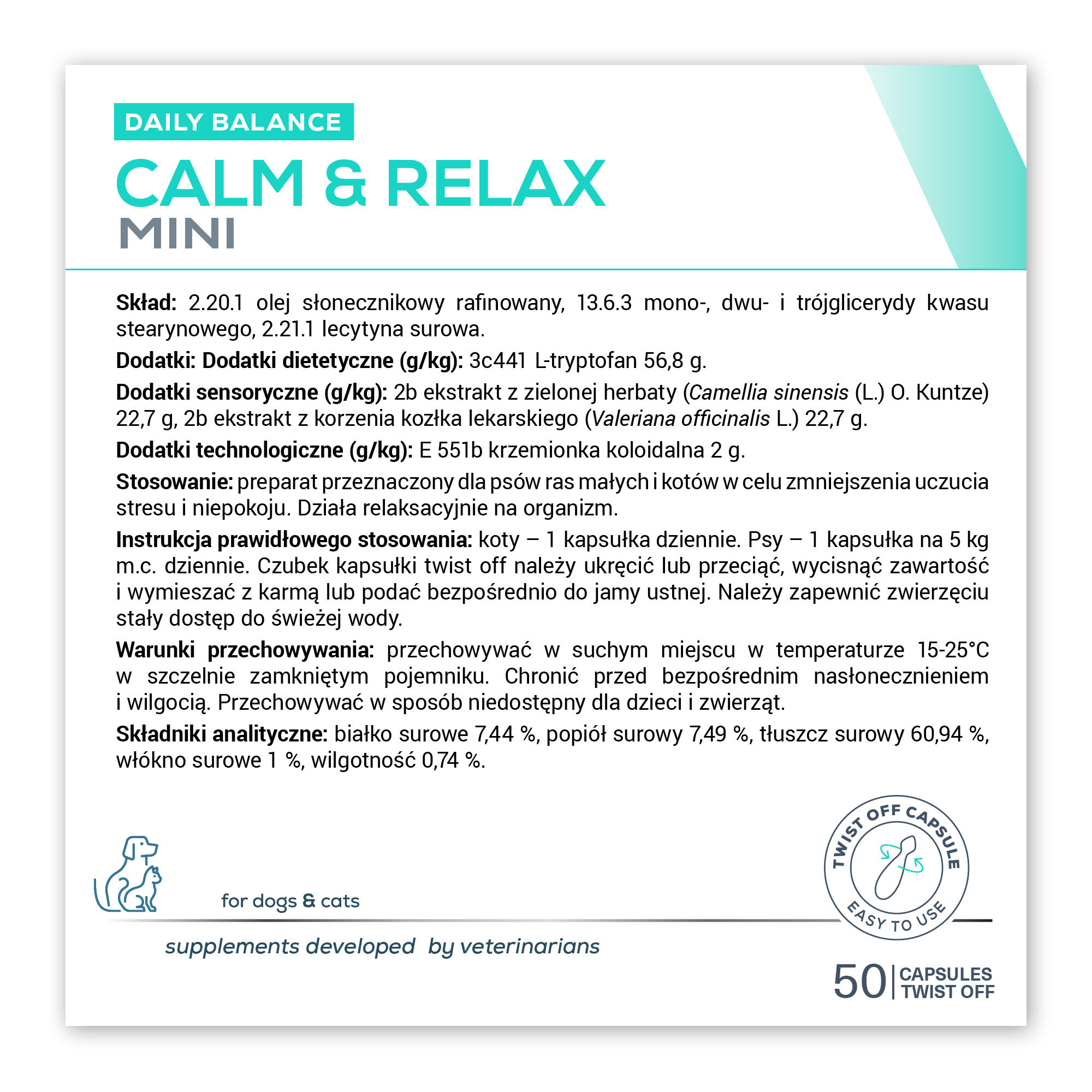 Opakowanie produktu \'Calm & Relax Mini\' dla psów małych ras i kotów, zawierające informacje o składzie, dodatkach, stosowaniu oraz warunkach przechowywania. Widoczny jest również symbol \'Twist Off Capsule\' oraz napis \'for dogs & cats\'.