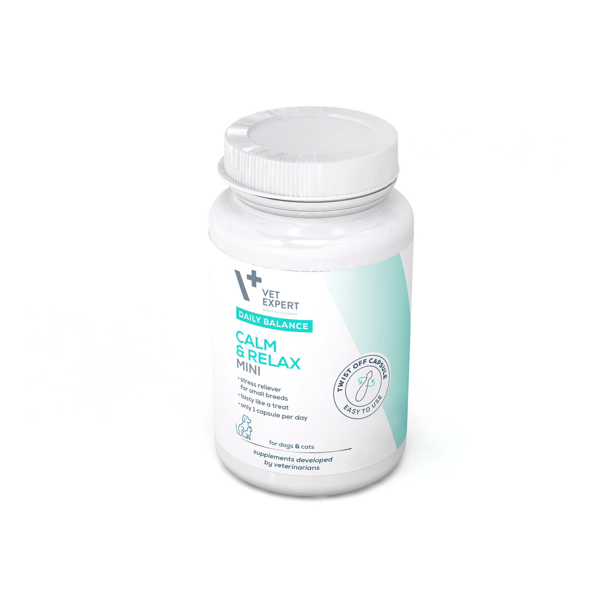Biała butelka z etykietą \'Vet Expert Daily Balance Calm & Relax Mini\'. Na etykiecie widnieje informacja o przeznaczeniu dla psów i kotów oraz zalecenia dotyczące stosowania.