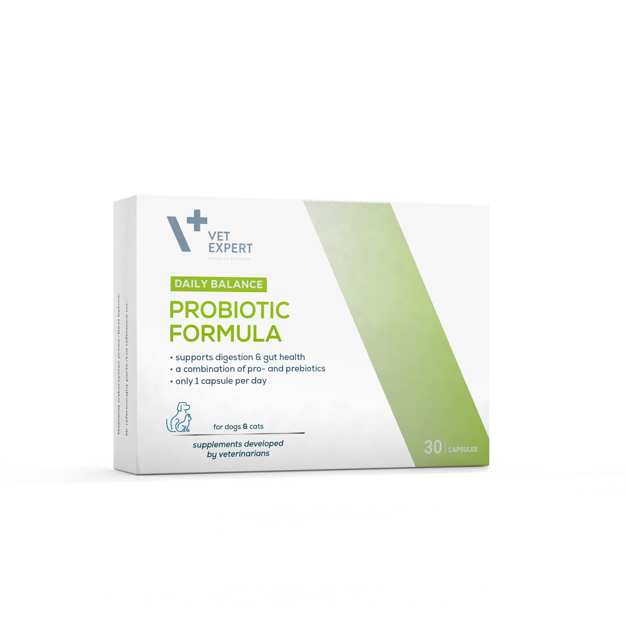 Opakowanie produktu Vet Expert z napisem \'DAILY BALANCE PROBIOTIC FORMULA\'. Zawiera informacje: \'supports digestion & gut health\', \'a combination of pro- and prebiotics\', \'only 1 capsule per day\', \'for dogs & cats\', \'supplements developed by veterinarians\', oraz \'30 CAPSULES\'.