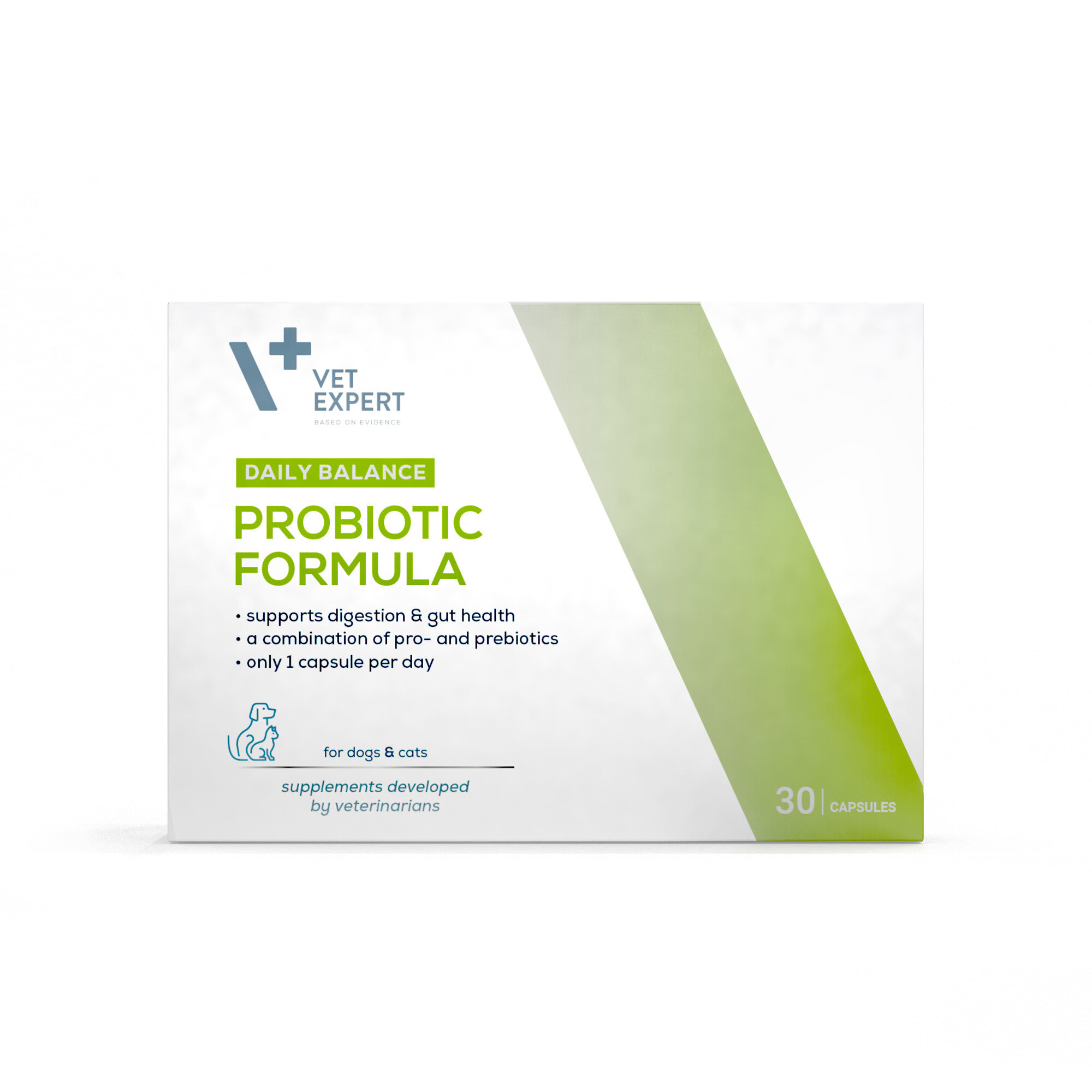 Opakowanie produktu Vet Expert Daily Balance Probiotic Formula z napisem \'supports digestion & gut health, a combination of pro- and prebiotics, only 1 capsule per day\'. Widoczne jest logo Vet Expert oraz informacja \'for dogs & cats, supplements developed by veterinarians\'.