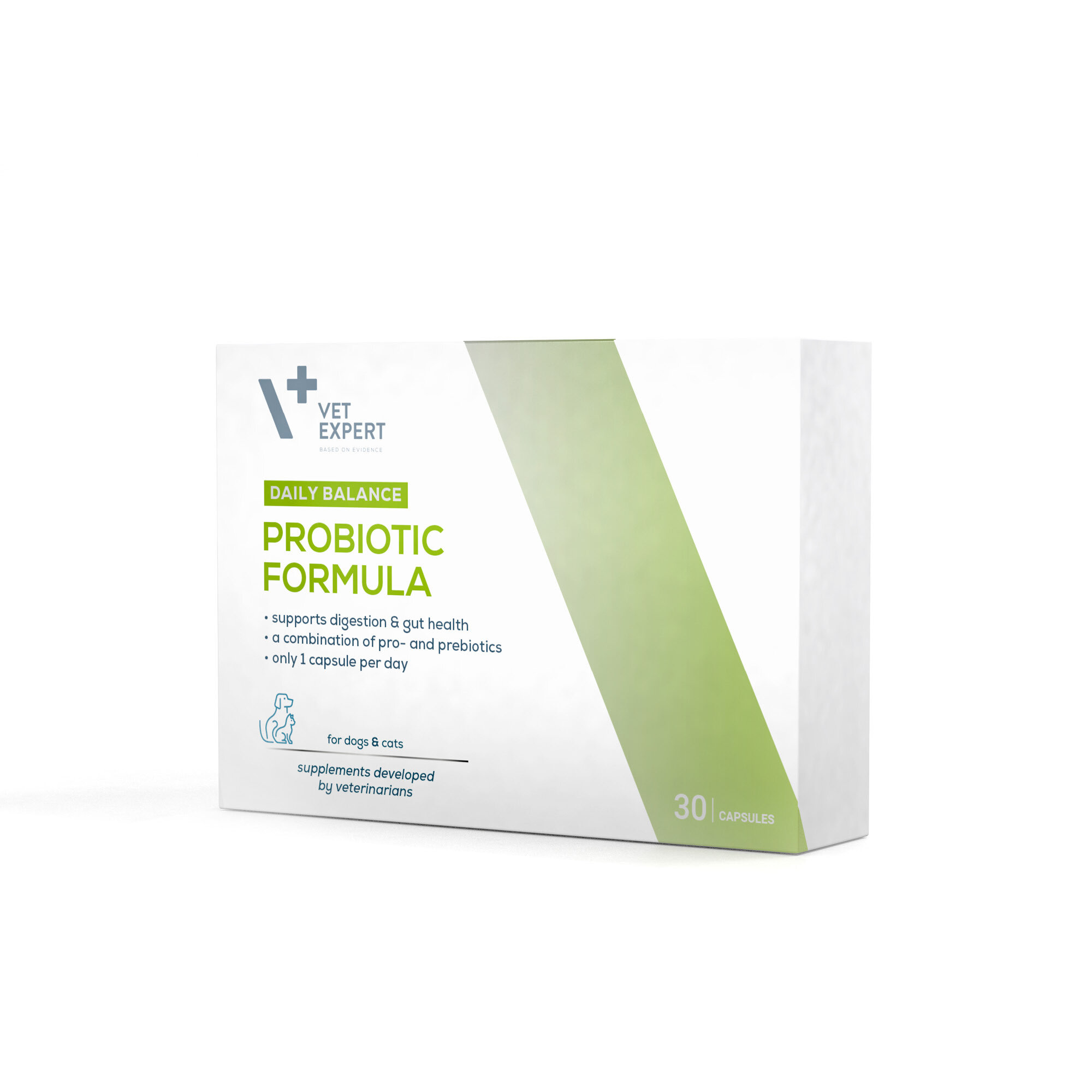 Opakowanie produktu Vet Expert z napisem \'DAILY BALANCE PROBIOTIC FORMULA\'. Zawiera informacje: \'supports digestion & gut health\', \'a combination of pro- and prebiotics\', \'only 1 capsule per day\', \'for dogs & cats\', \'supplements developed by veterinarians\', oraz \'30 CAPSULES\'.