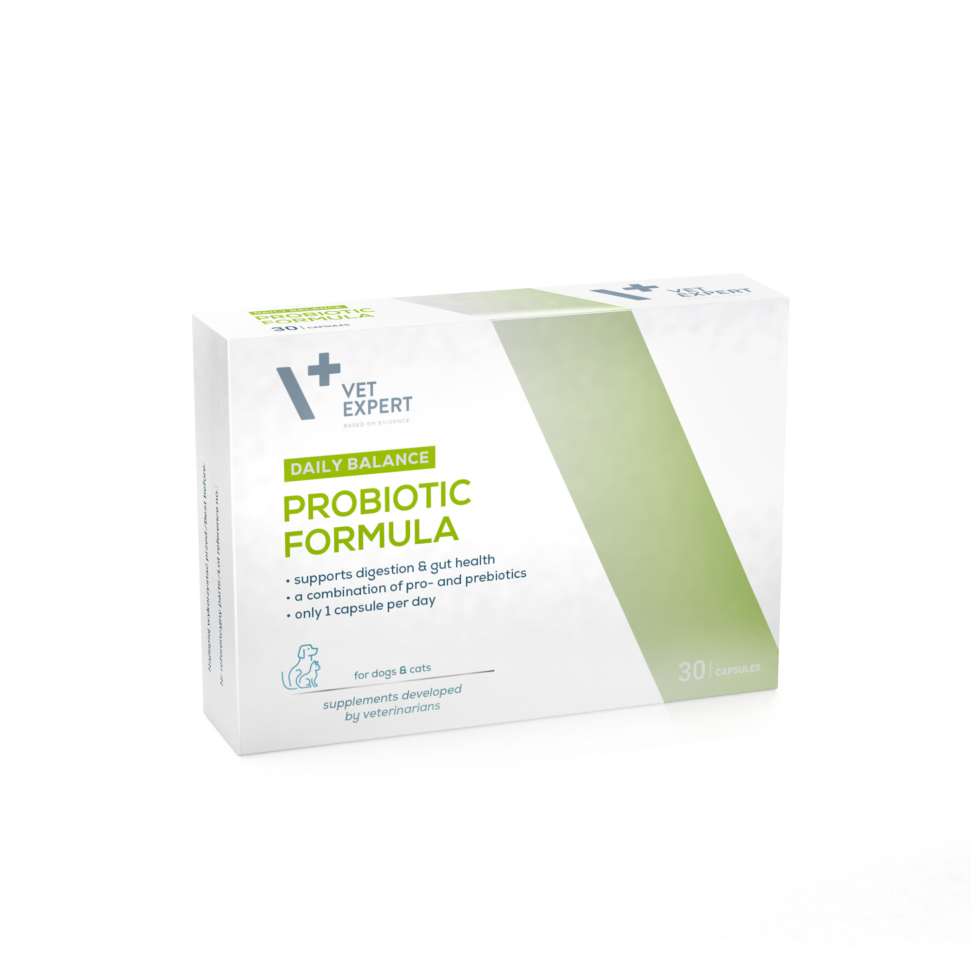 Opakowanie produktu Vet Expert Probiotic Formula z napisem \'DAILY BALANCE PROBIOTIC FORMULA\' oraz informacjami: \'supports digestion & gut health\', \'a combination of pro- and prebiotics\', \'only 1 capsule per day\'.