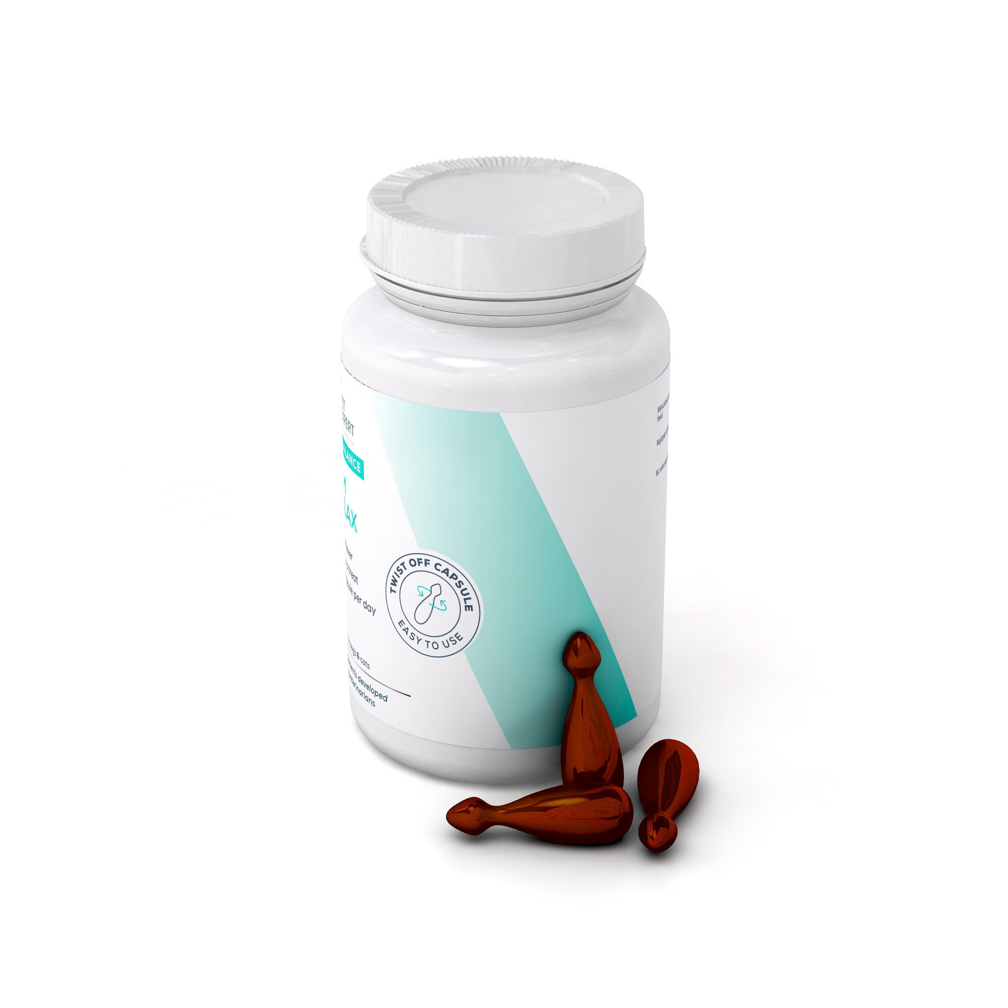 Białe opakowanie z turkusowym akcentem i napisem \'Twist Off Capsule Easy to Use\'. Obok leżą trzy brązowe kapsułki.