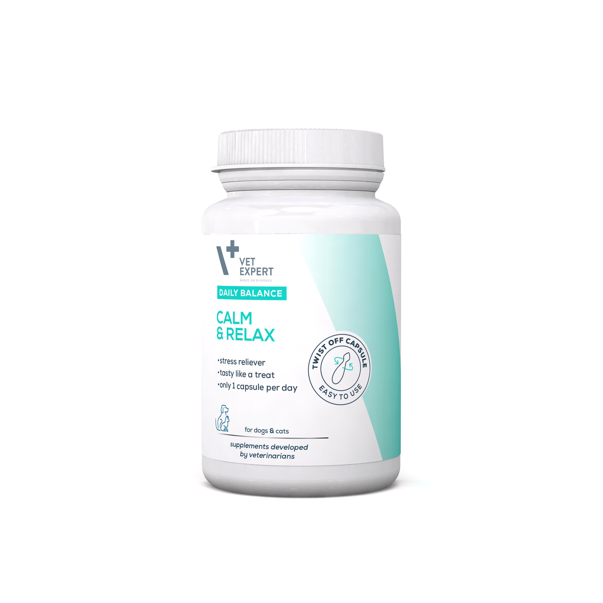Biała butelka z etykietą w odcieniach zieleni i bieli, na której widnieje napis \'Vet Expert Daily Balance Calm & Relax\'. Na etykiecie znajdują się informacje: \'stress reliever\', \'tasty like a treat\', \'only 1 capsule per day\', oraz symbol \'Twist off capsule easy to use\'.