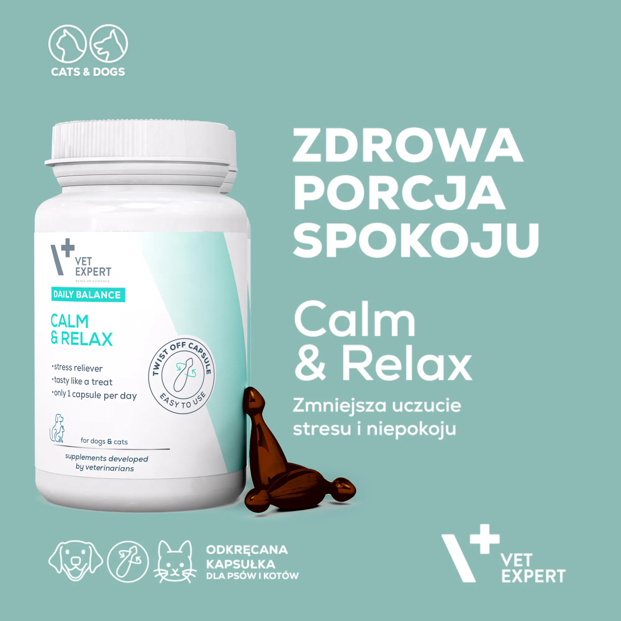 Obraz przedstawia opakowanie produktu Vet Expert Calm & Relax z napisem \'ZDROWA PORCJA SPOKOJU\'. Produkt jest przeznaczony dla psów i kotów, zmniejsza uczucie stresu i niepokoju, a kapsułki są łatwe w użyciu.