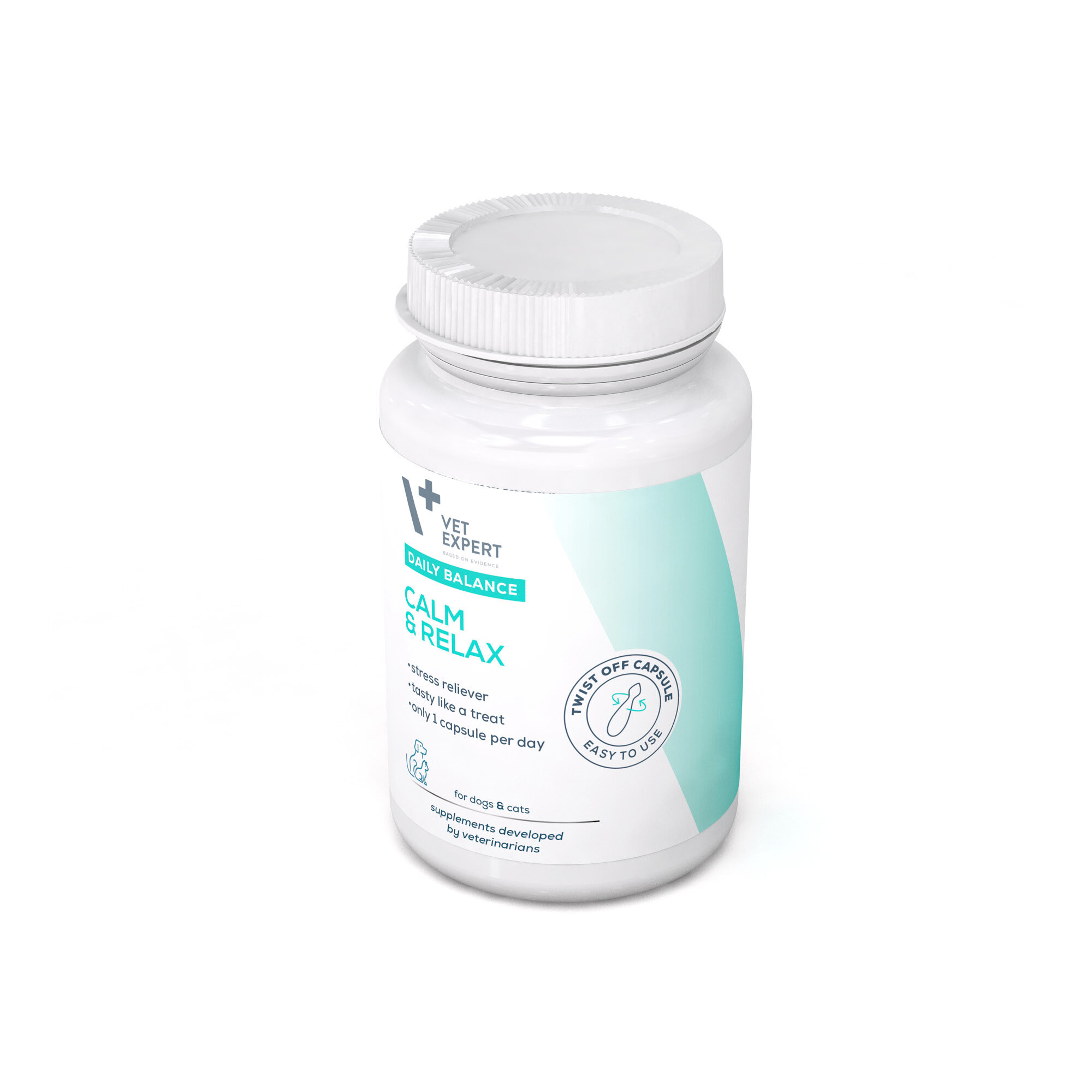 Biała butelka z etykietą \'Vet Expert Daily Balance Calm & Relax\'. Na etykiecie widnieje napis \'stress reliever\', \'tasty like a treat\', \'only 1 capsule per day\', oraz symbol \'Twist off capsule easy to use\'.