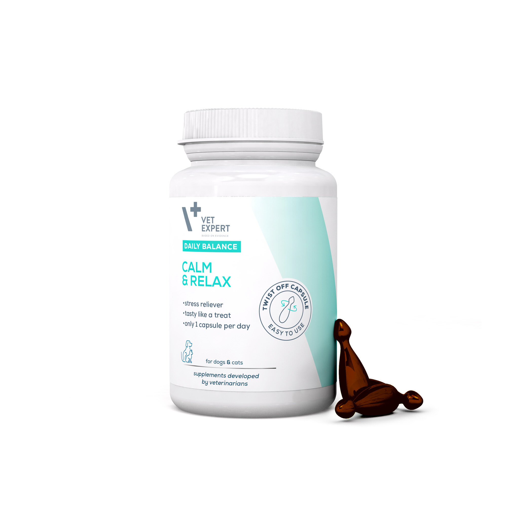 Biała butelka z etykietą \'Vet Expert Daily Balance Calm & Relax\' oraz brązowa kapsułka obok. Na etykiecie widnieje tekst: \'stress reliever, tasty like a treat, only 1 capsule per day, for dogs & cats, supplements developed by veterinarians\'.