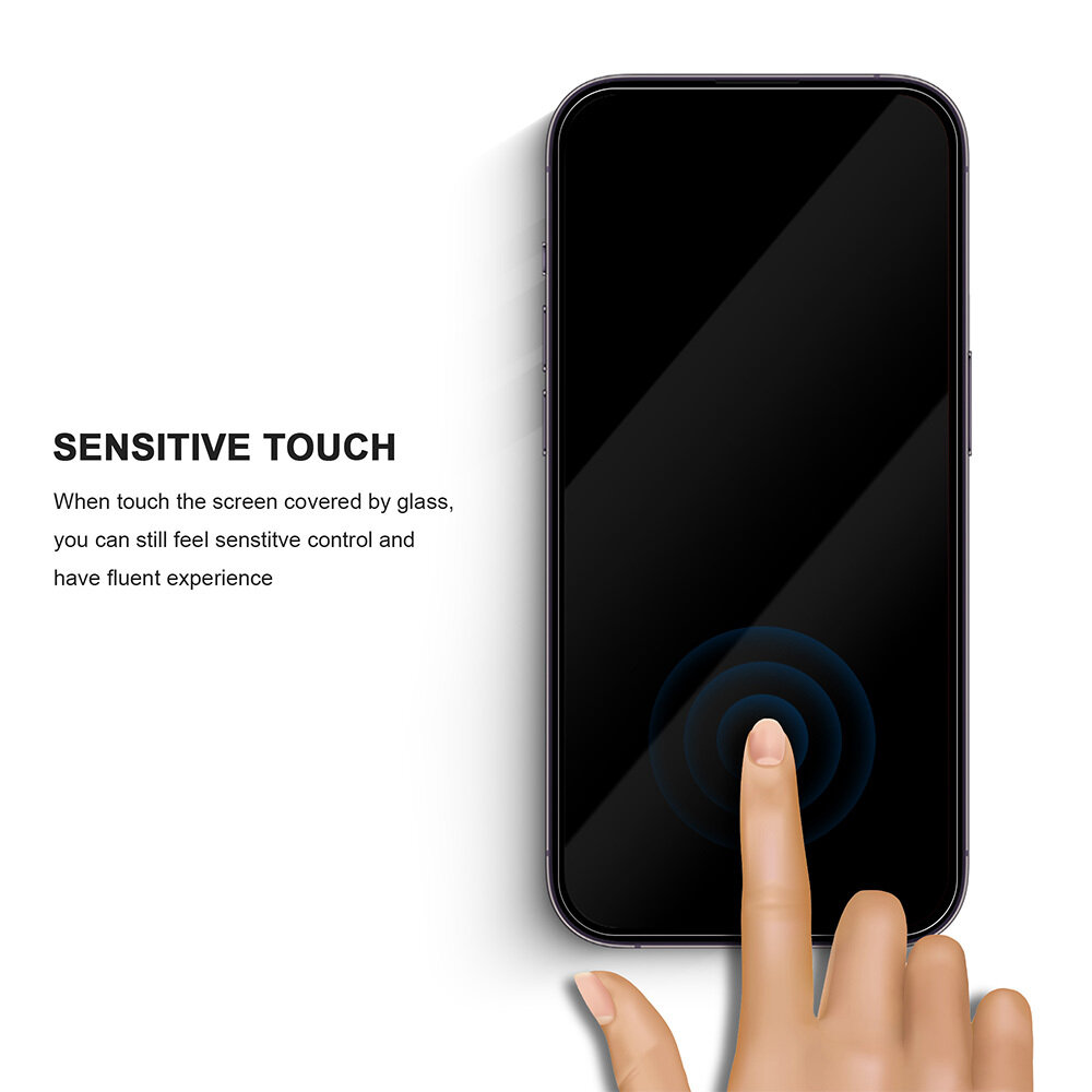 Obraz przedstawia smartfon z nałożonym szkłem hartowanym, na ekranie którego widoczna jest dłoń dotykająca wyświetlacza. Obok telefonu znajduje się tekst: \'SENSITIVE TOUCH When touch the screen covered by glass, you can still feel sensitive control and have fluent experience\'.