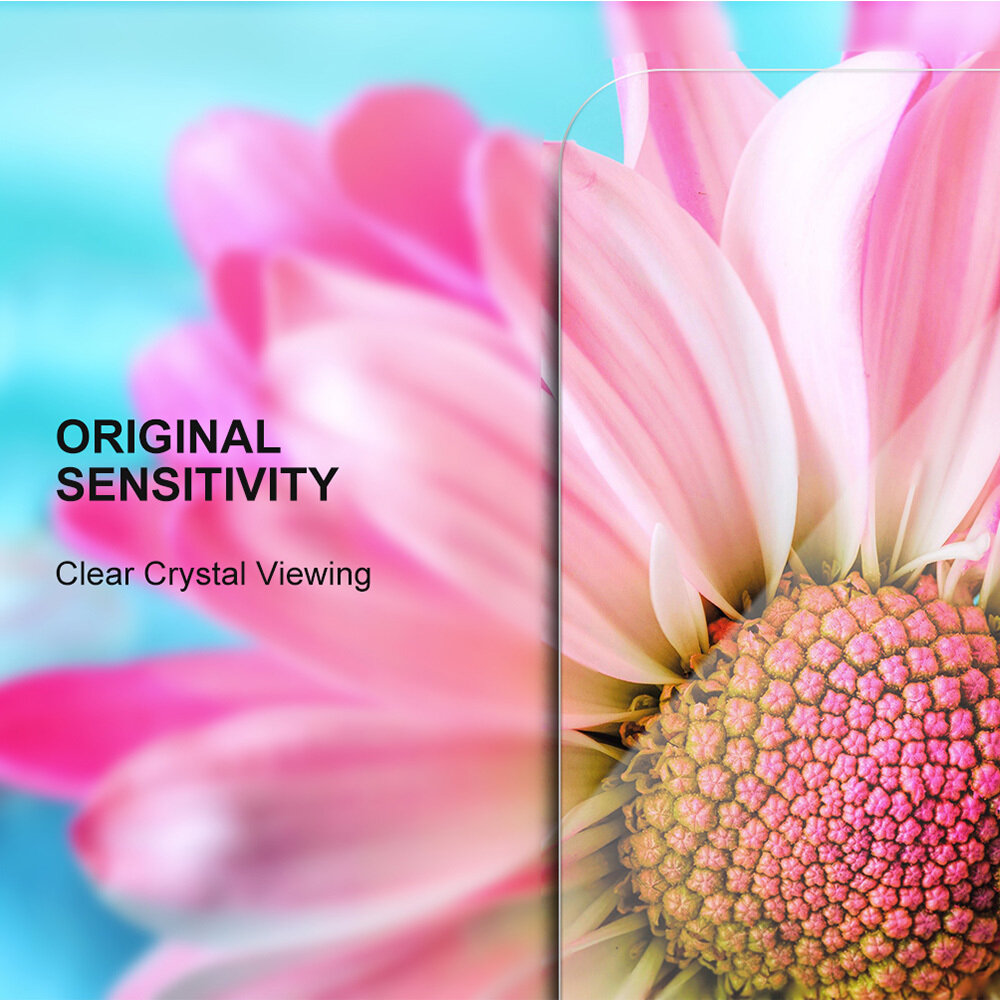 Obraz przedstawia zbliżenie na różowy kwiat z tekstem \'ORIGINAL SENSITIVITY\' oraz \'Clear Crystal Viewing\'.