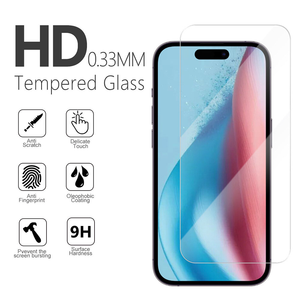 Obraz przedstawia szkło hartowane na ekran telefonu z napisem \'HD 0.33MM Tempered Glass\'. Obok znajdują się ikony z opisami: Anti Scratch, Delicate Touch, Anti Fingerprint, Oleophobic Coating, 9H Surface Hardness, Prevent the screen bursting.