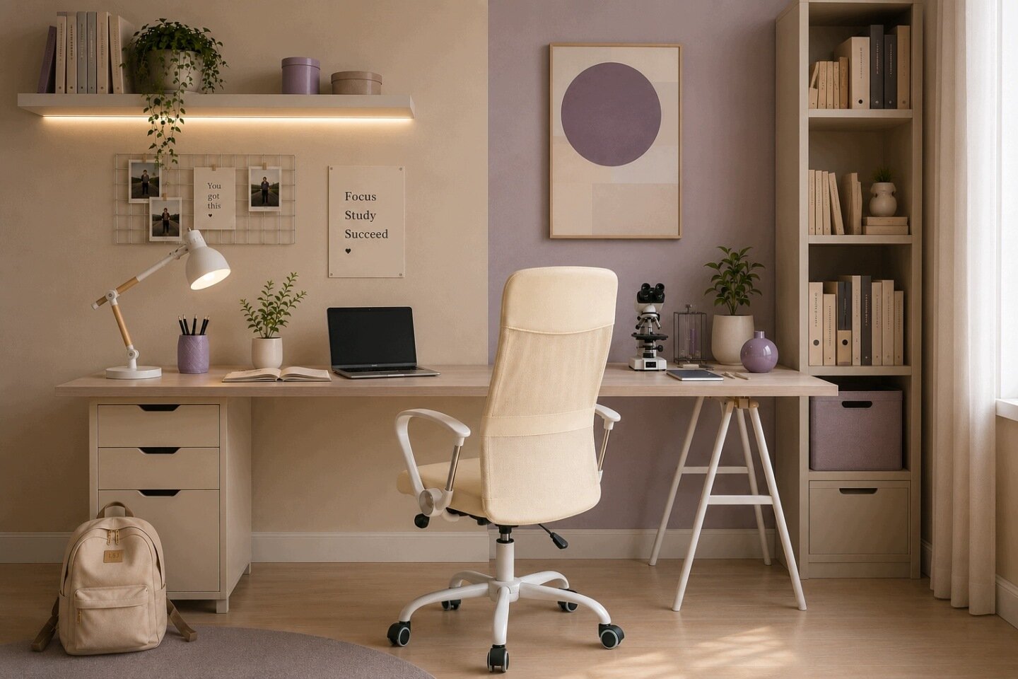 Pokój z biurkiem, na którym znajdują się laptop, lampka, książki i rośliny. Na ścianie wisi plakat z napisem \'Focus Study Succeed\', a przed biurkiem stoi beżowy fotel biurowy na kółkach.