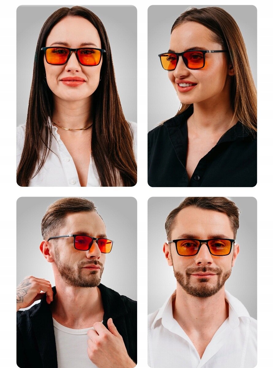 Cztery osoby noszące okulary z pomarańczowymi soczewkami, każda ubrana w koszulę w różnych kolorach. Okulary mają czarne oprawki i są przeznaczone do blokowania niebieskiego światła.