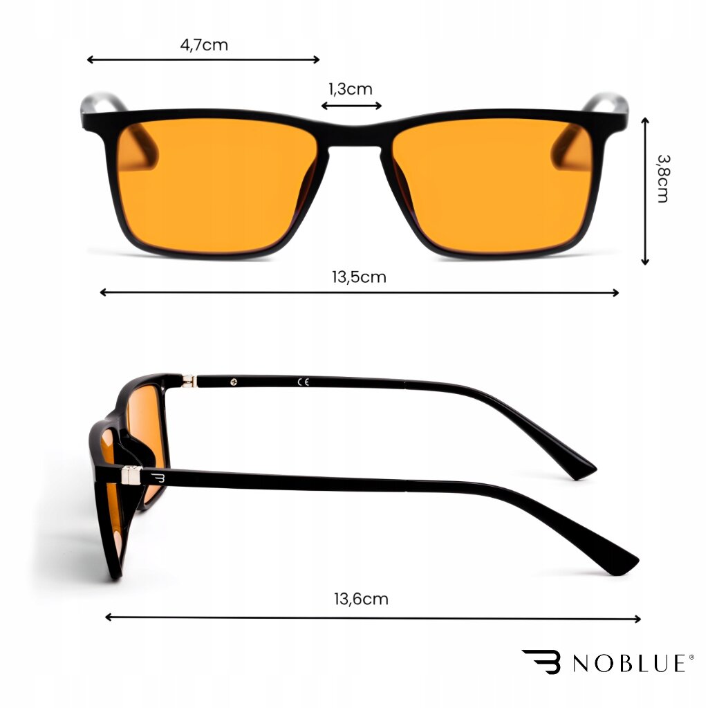 Obraz przedstawia okulary z pomarańczowymi soczewkami, z wymiarami: szerokość soczewek 4,7 cm, mostek 1,3 cm, szerokość całkowita 13,5 cm, wysokość 3,8 cm, długość zauszników 13,6 cm. W prawym dolnym rogu widoczne jest logo \'NOBLUE\'.