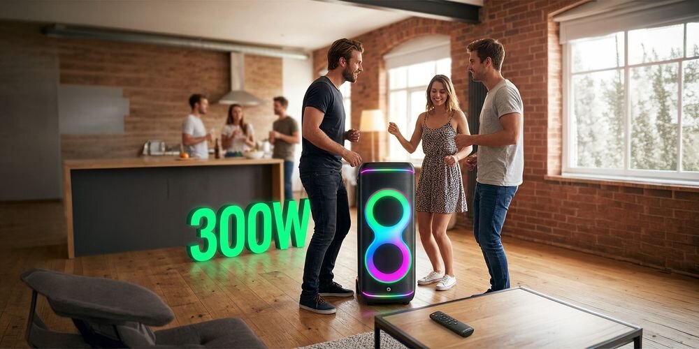 Grupa osób tańczy wokół dużego głośnika z kolorowymi światłami w pomieszczeniu z ceglaną ścianą. W tle widoczny jest napis \'300W\'.