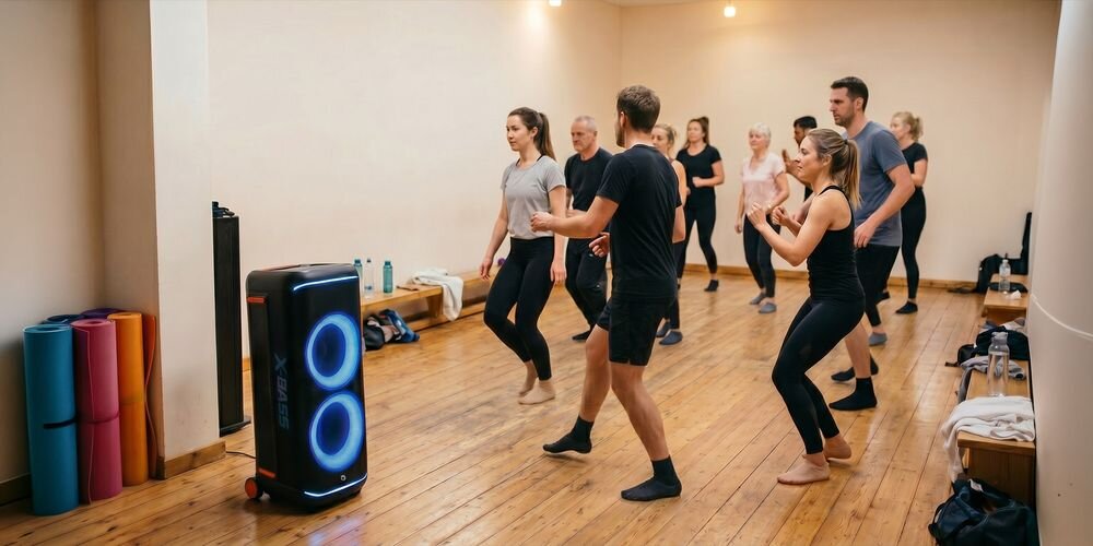 Grupa ludzi ćwiczy w sali z drewnianą podłogą, obok której stoi duży głośnik z niebieskim podświetleniem. Na podłodze widać kolorowe maty do ćwiczeń i butelki z wodą.