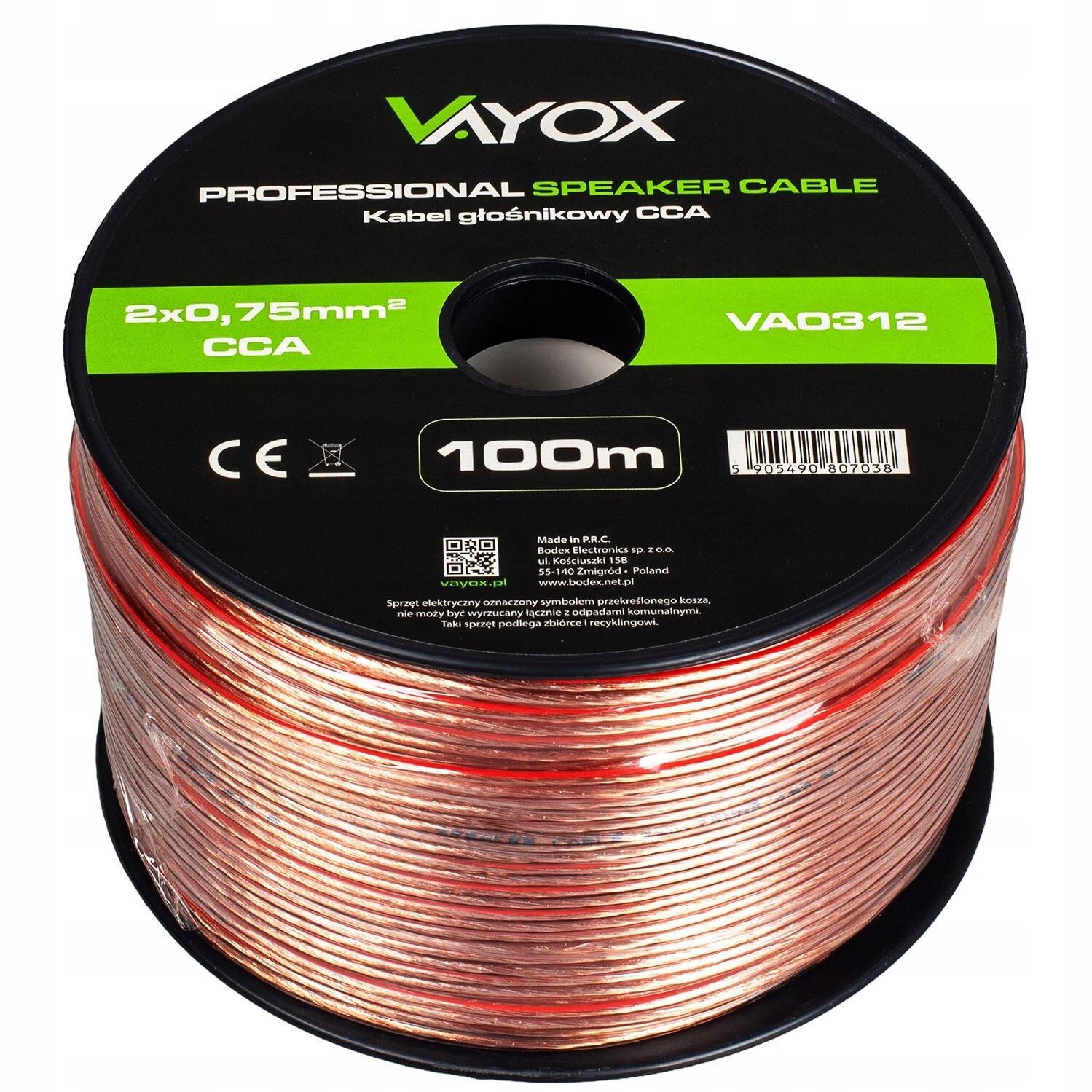 Zdjęcie przedstawia szpulę kabla głośnikowego z oznaczeniami: VAYOX, Professional Speaker Cable, Kabel głośnikowy CCA, 2x0,75mm², CCA, 100m, VA0312. Na etykiecie widoczne są również symbole CE i kod kreskowy 5905490807038.