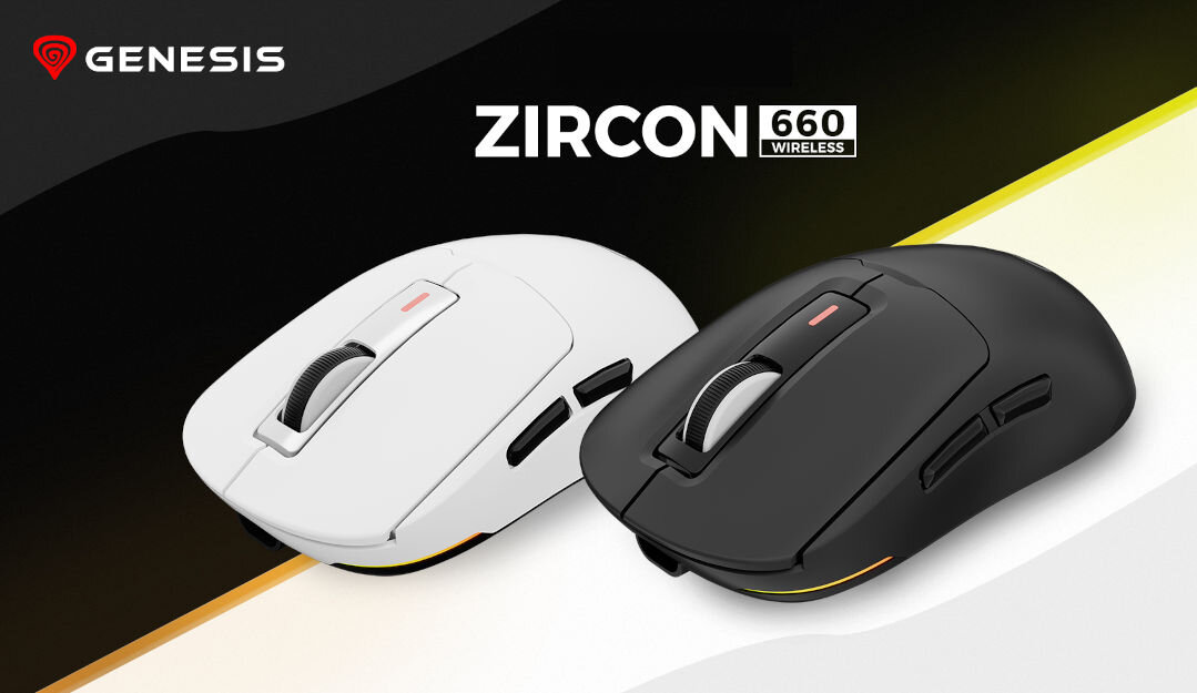 Obraz przedstawia dwie bezprzewodowe myszy komputerowe w kolorach białym i czarnym. Widoczny jest tekst: \'GENESIS ZIRCON 660 WIRELESS\'.