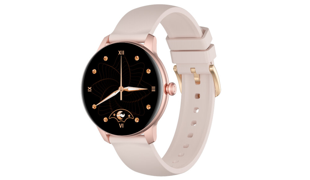 Smartwatch z różowym paskiem i złotą kopertą, z czarną tarczą ozdobioną złotymi elementami i wzorem liścia. Na tarczy widoczne są cyfry rzymskie oraz wskazówki godzinowa i minutowa.