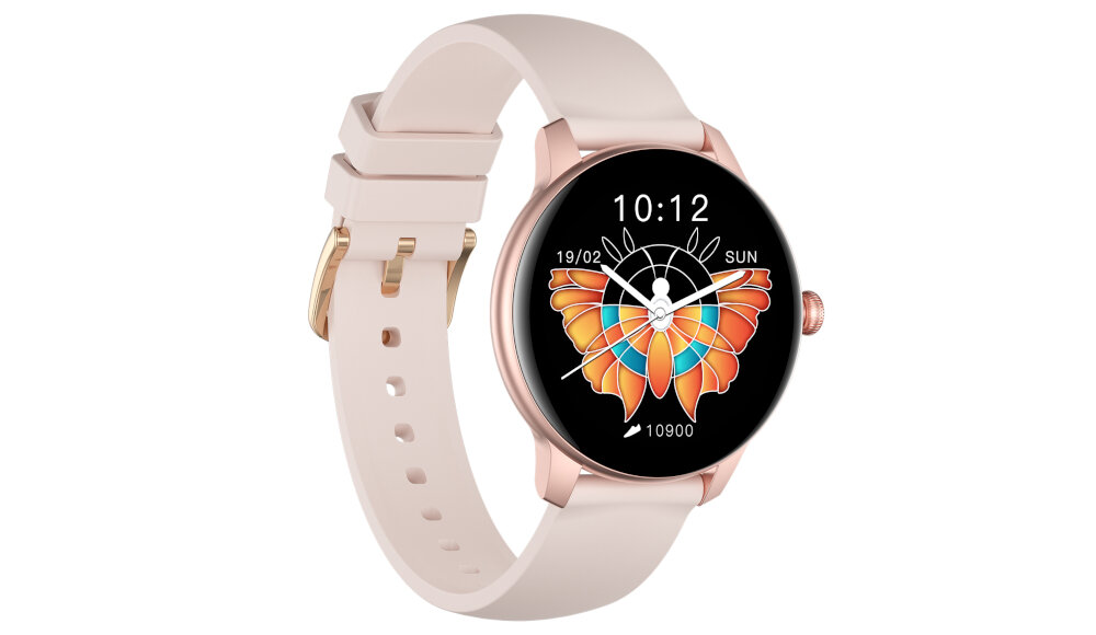 Smartwatch z różowym paskiem i okrągłym wyświetlaczem, na którym widoczny jest motyl oraz godzina 10:12. Na ekranie znajdują się także data 19/02, dzień tygodnia SUN i liczba 10900.
