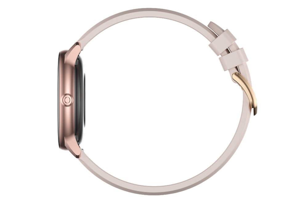 Obraz przedstawia smartwatch z różowym paskiem i złotą klamrą. Koperta zegarka jest w kolorze różowego złota.