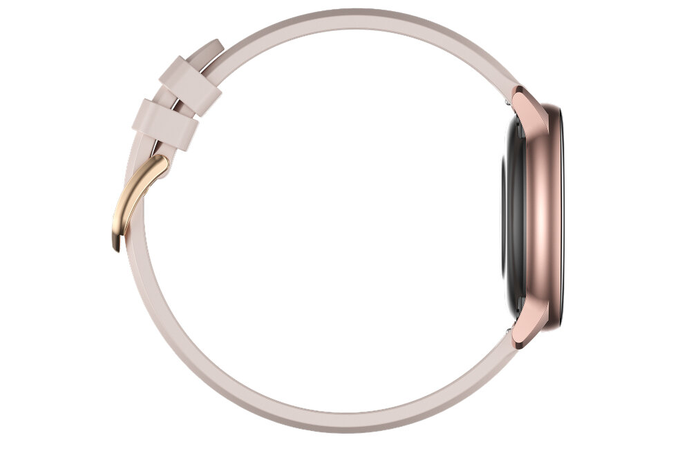Obraz przedstawia różowy smartwatch z okrągłą kopertą i paskiem w podobnym odcieniu. Zapięcie paska jest złote, a koperta ma metaliczny połysk.