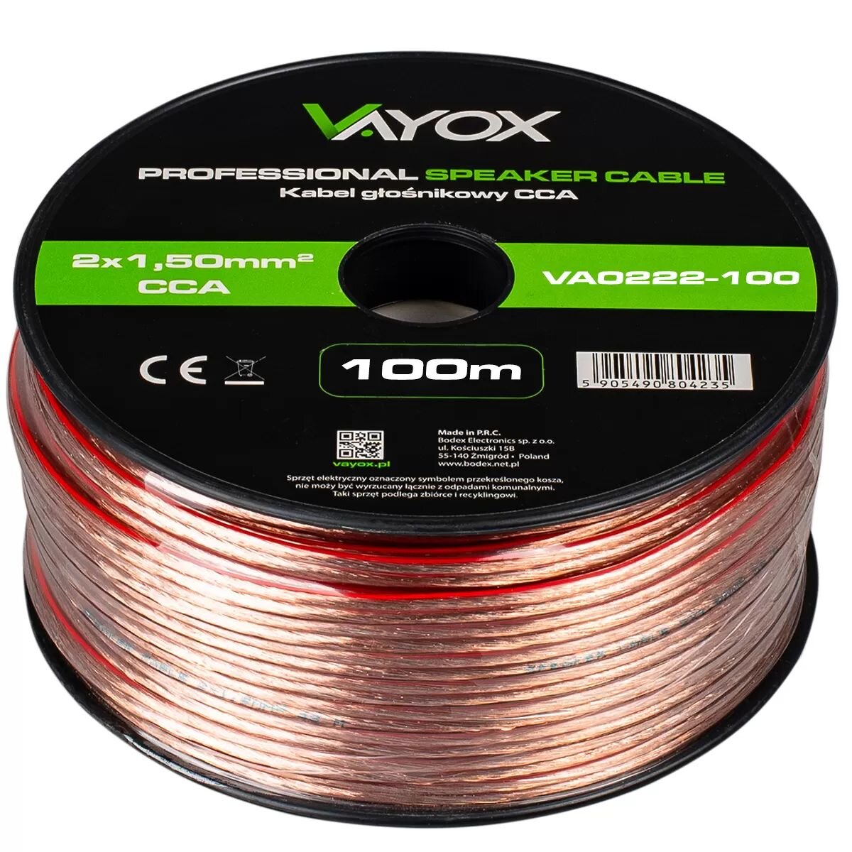 Zdjęcie przedstawia szpulę kabla głośnikowego CCA o długości 100 metrów i przekroju 2x1,50mm² marki Vayox. Na etykiecie widnieje napis \'PROFESSIONAL SPEAKER CABLE Kabel głośnikowy CCA\' oraz kod VA0222-100.