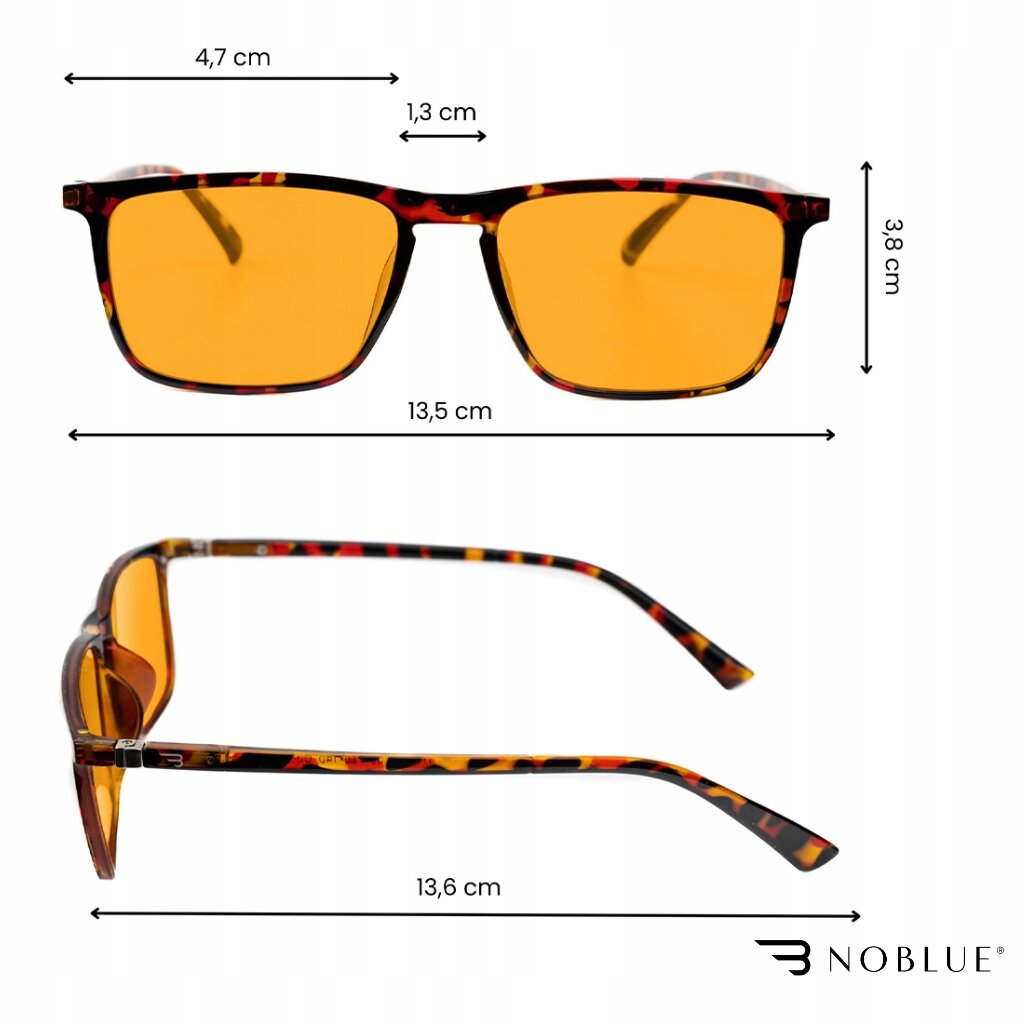 Okulary z pomarańczowymi soczewkami i oprawkami w kolorze czarno-czerwonym z wymiarami: szerokość soczewek 4,7 cm, mostek 1,3 cm, szerokość całkowita 13,5 cm, wysokość 3,8 cm, długość zauszników 13,6 cm. Logo: NOBLUE.