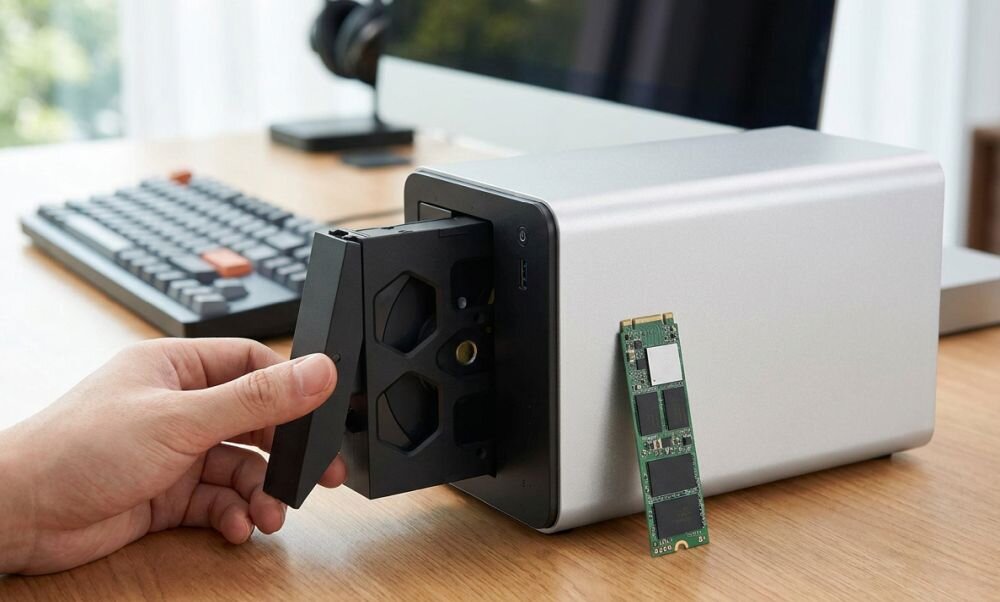 Osoba wyciąga dysk z obudowy serwera plików, obok leży moduł pamięci RAM. W tle widoczna jest klawiatura i monitor.