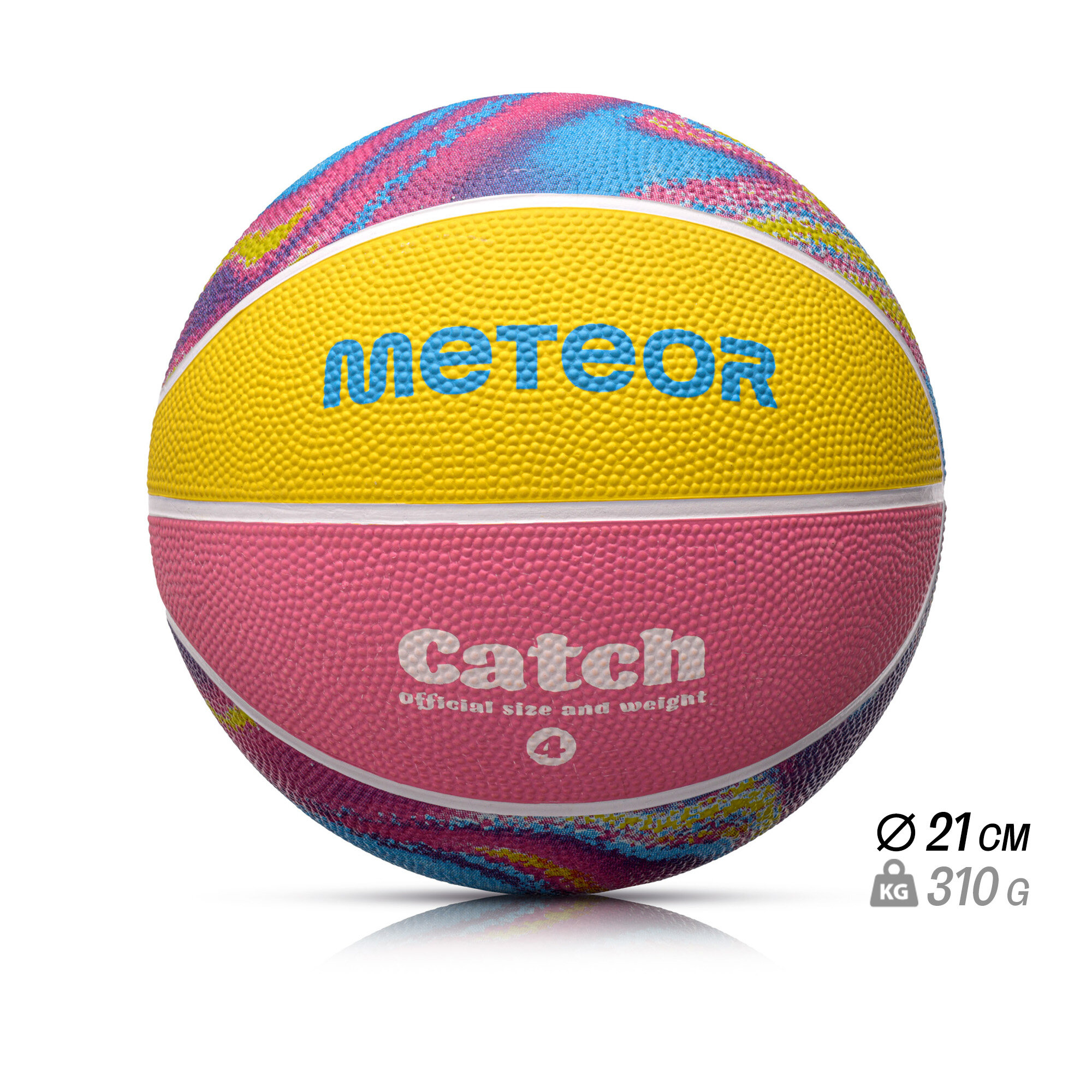 Piłka do koszykówki z kolorowymi panelami w odcieniach żółtego, różowego i niebieskiego, z napisami \'METEOR\' i \'Catch Official size and weight 4\'. Widoczne są również oznaczenia rozmiaru 21 cm i wagi 310 g.