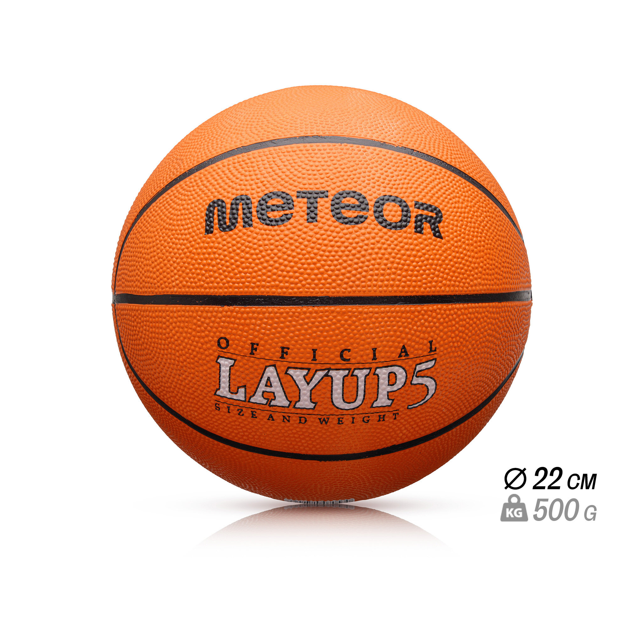 Pomarańczowa piłka do koszykówki z czarnymi napisami \'METEOR\' i \'OFFICIAL LAYUP5 SIZE AND WEIGHT\'. Obok piłki widnieje tekst \'Ø 22 CM\' oraz \'500 G\'.
