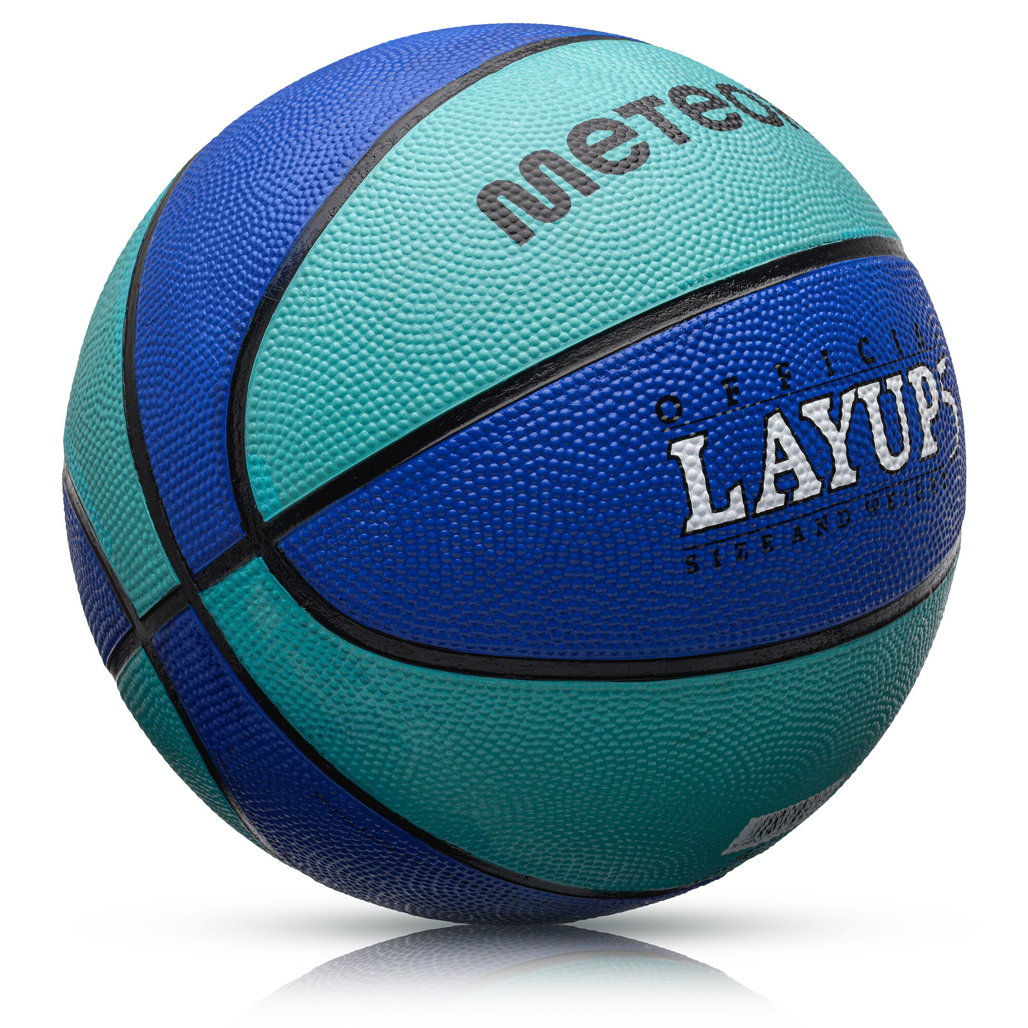 Piłka do koszykówki w kolorach niebieskim i turkusowym z widocznym logo \'meteor\' oraz napisem \'OFFICIAL LAYUPS SIZE AND WEIGHT\'.